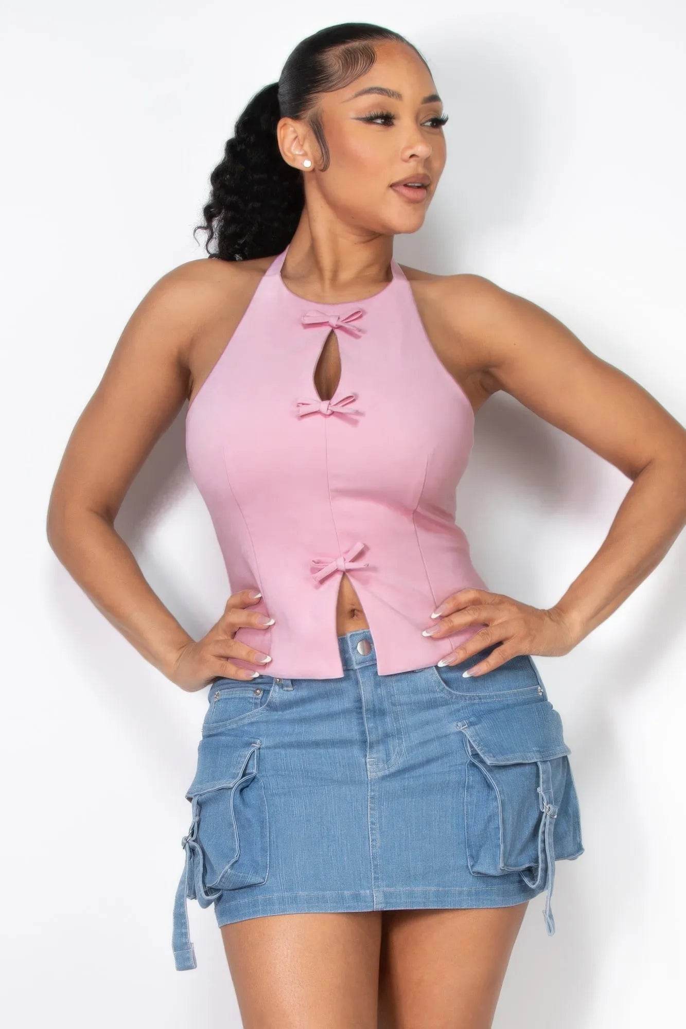 Halter ribbon open-back crop top - Bona Fide Fashion
