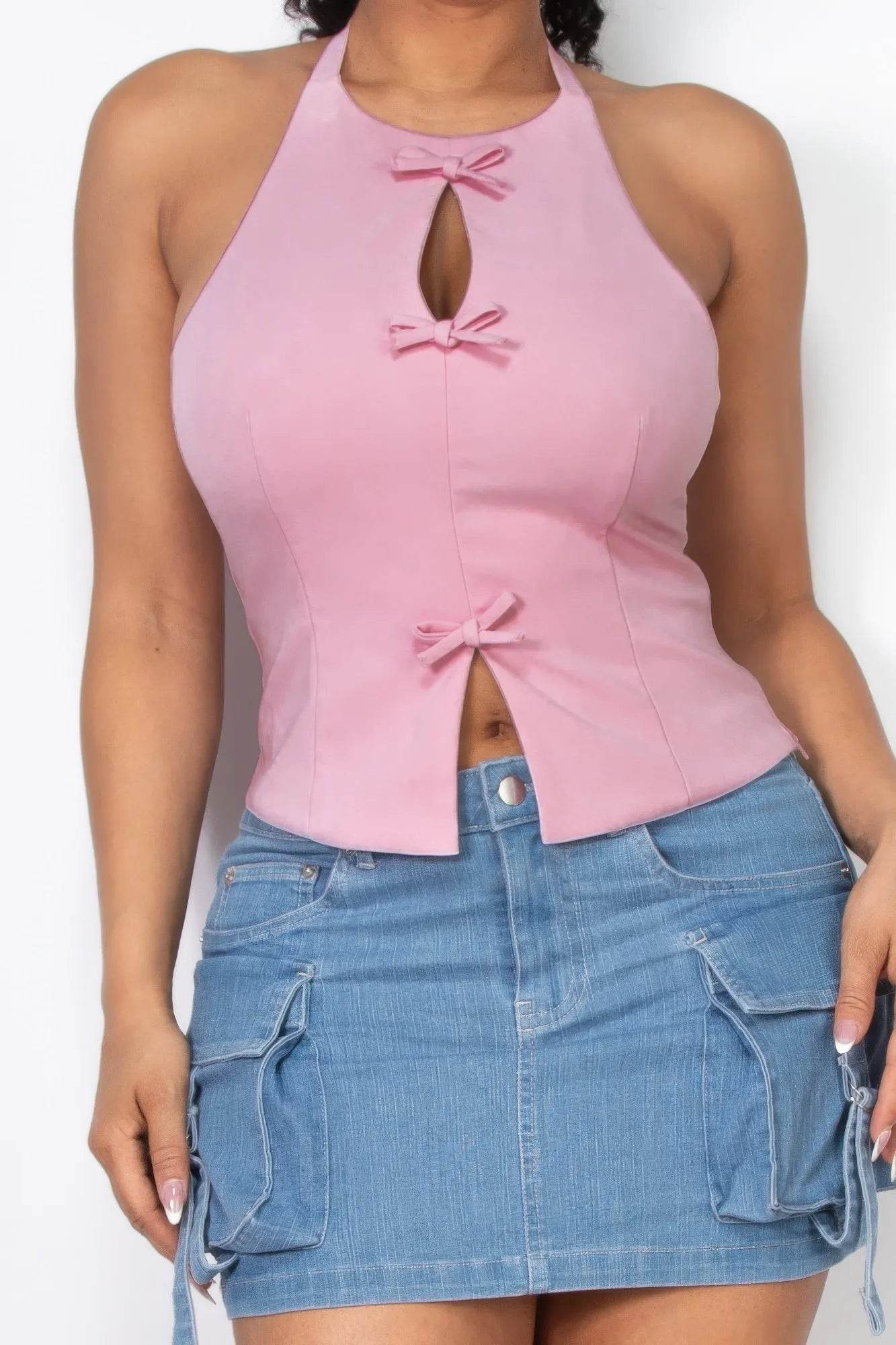 Halter ribbon open-back crop top - Bona Fide Fashion