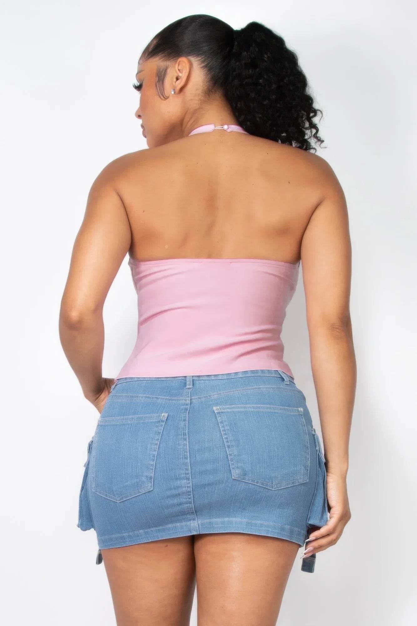 Halter ribbon open-back crop top - Bona Fide Fashion