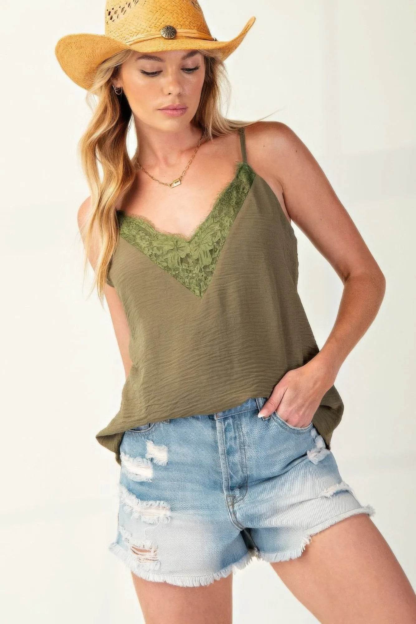 Laced textured poly woven camisole - Bona Fide Fashion