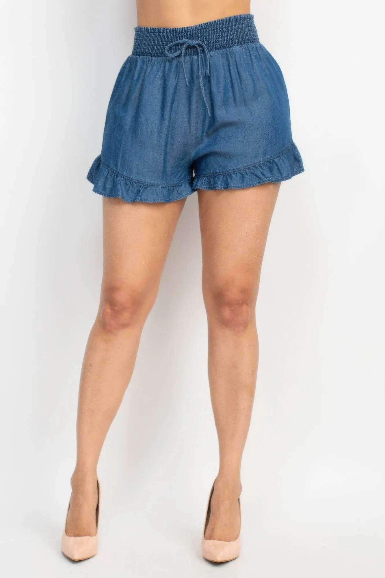 Smocked Waist Ruffled Denim Shorts - Bona Fide Fashion