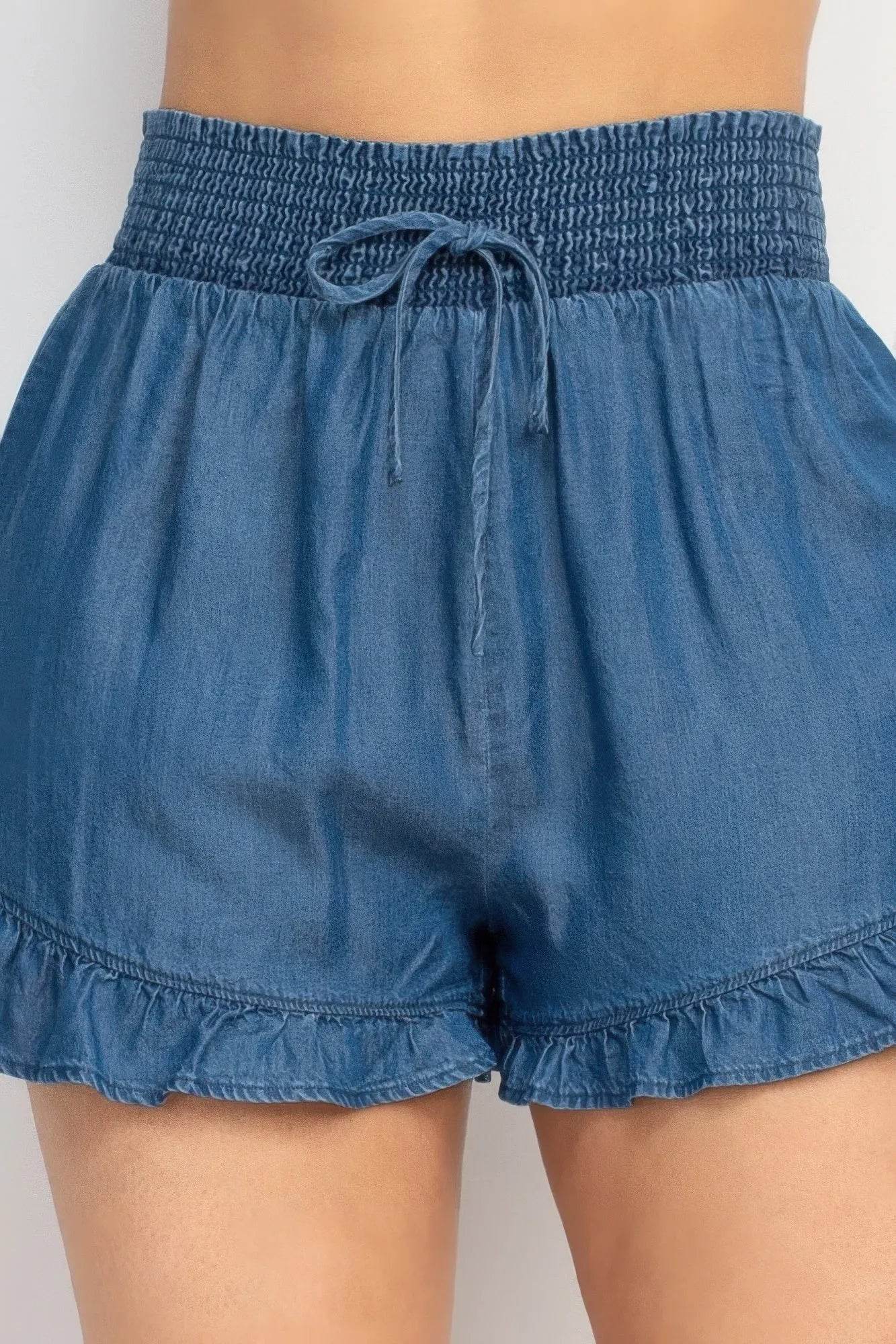 Smocked Waist Ruffled Denim Shorts - Bona Fide Fashion