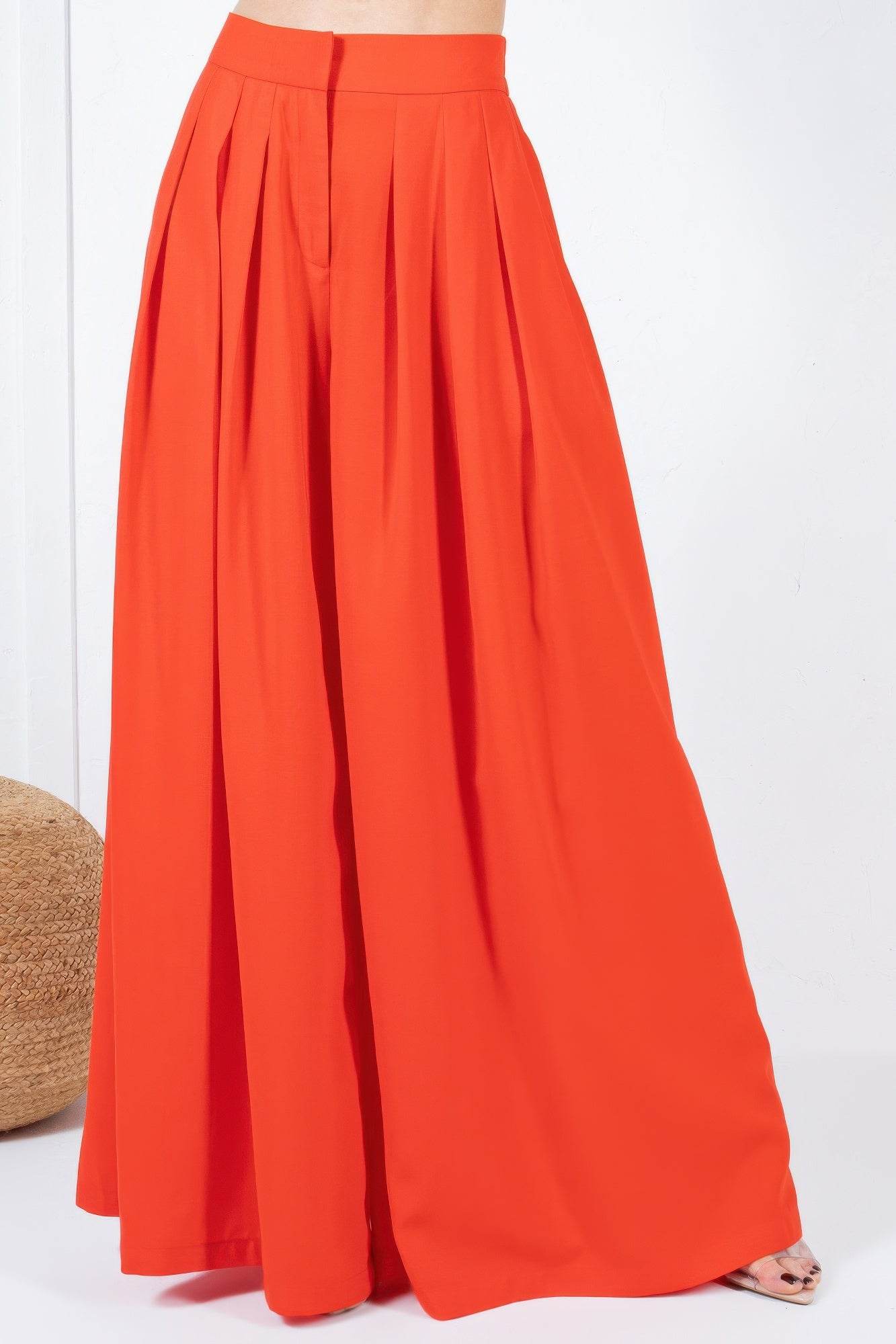 Large Hem Wide Leg Pleated Solid Pants - Bona Fide Fashion