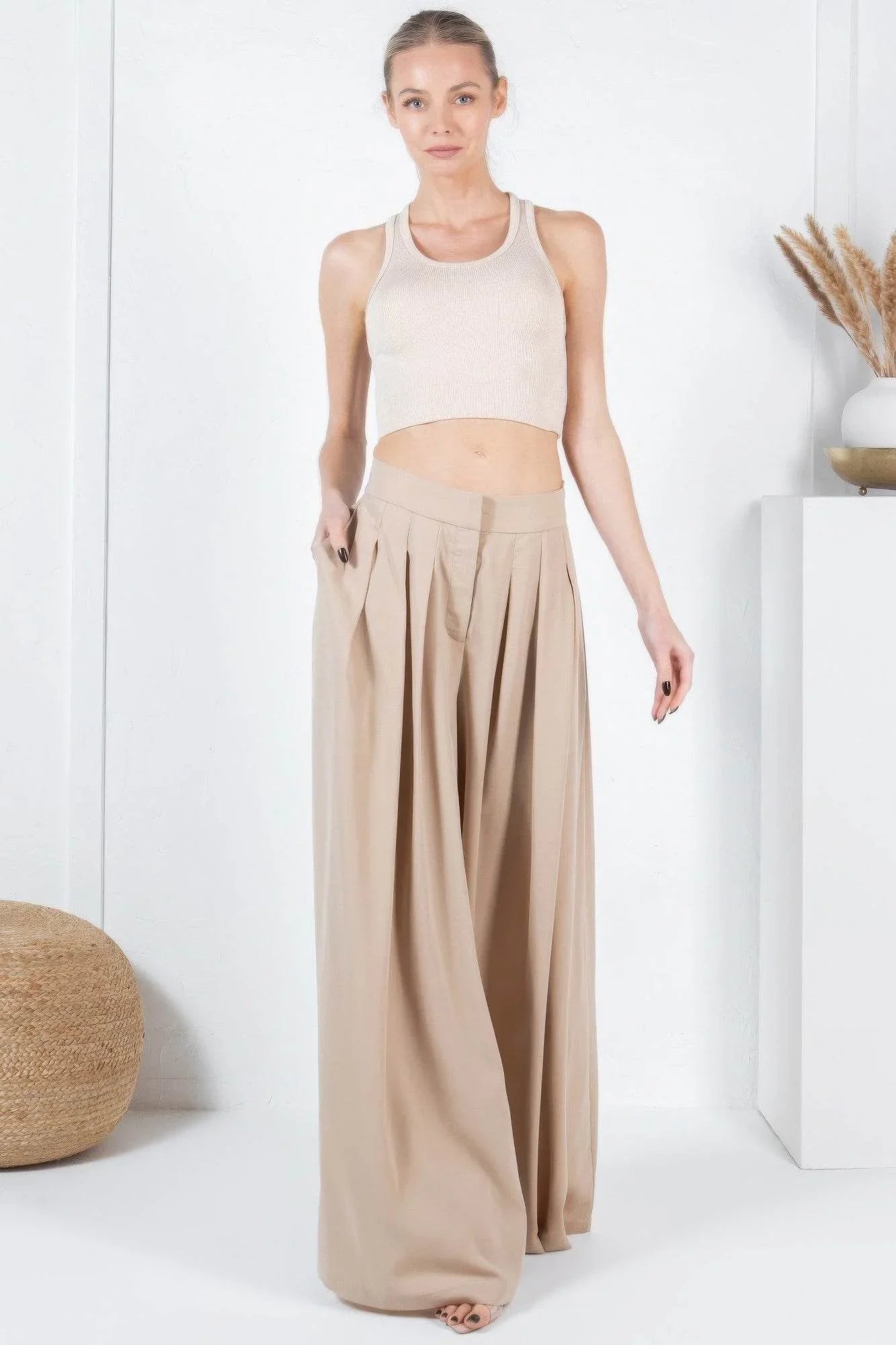 Large Hem Wide Leg Pleated Solid Pants - Bona Fide Fashion