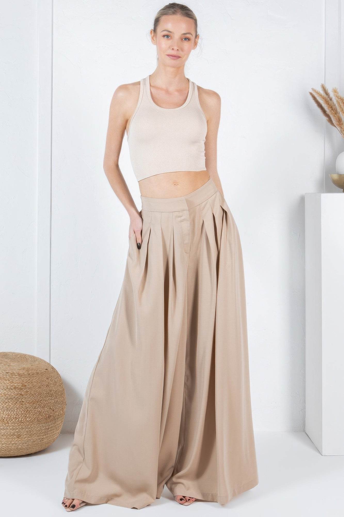 Large Hem Wide Leg Pleated Solid Pants - Bona Fide Fashion