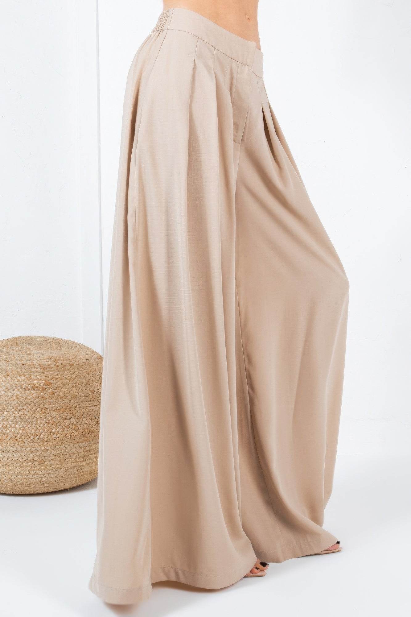 Large Hem Wide Leg Pleated Solid Pants - Bona Fide Fashion