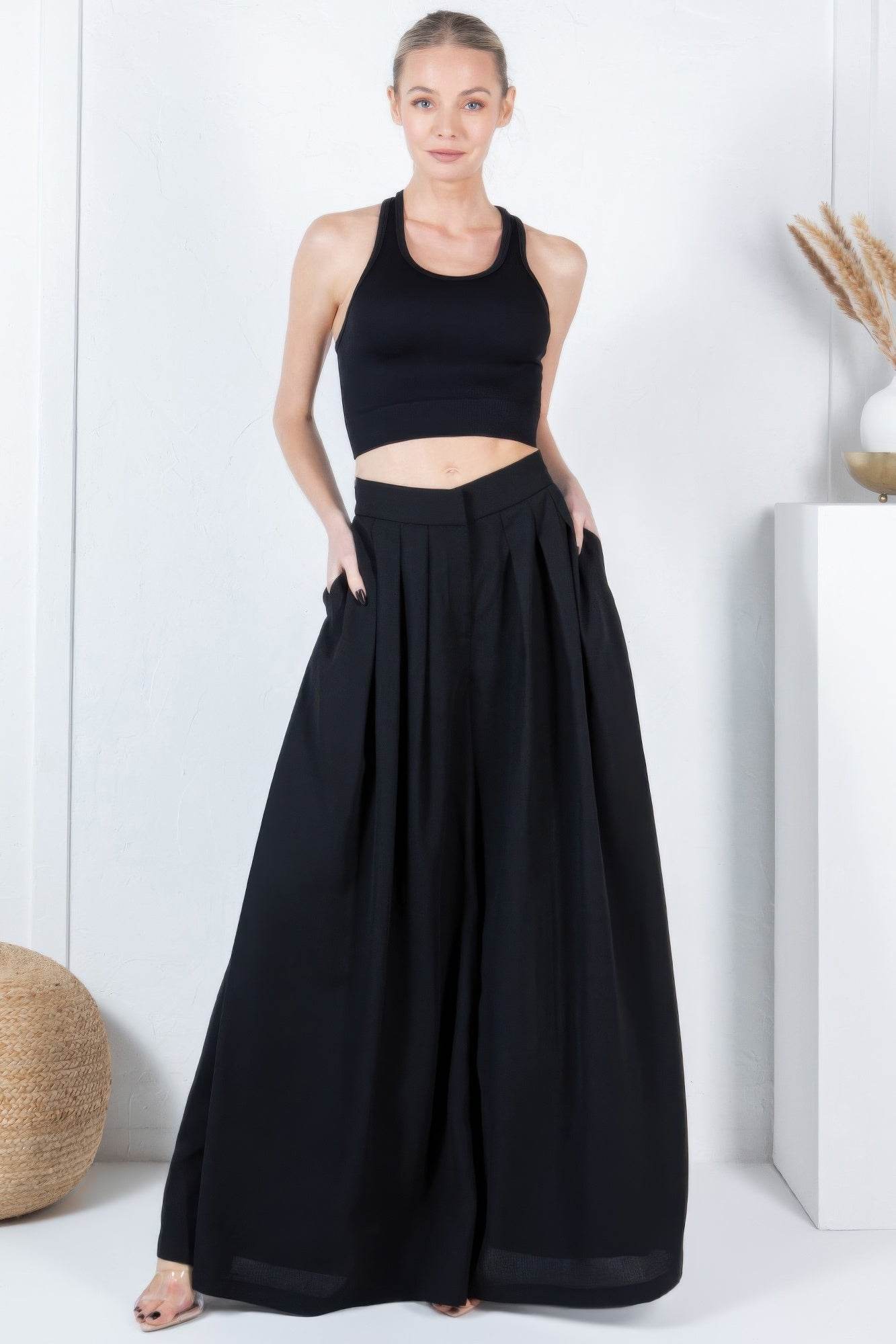 Large Hem Wide Leg Pleated Solid Pants - Bona Fide Fashion