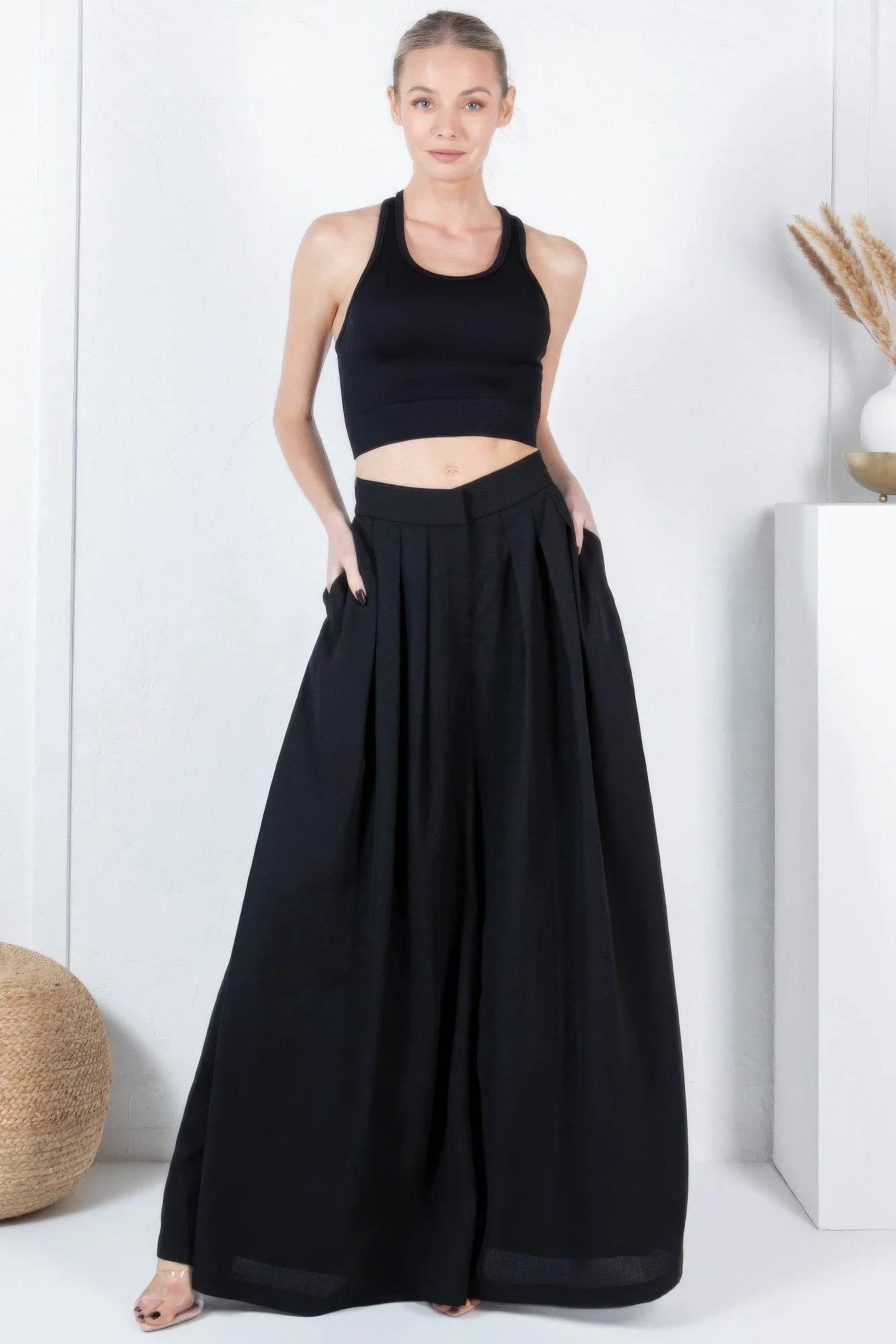 Large Hem Wide Leg Pleated Solid Pants - Bona Fide Fashion