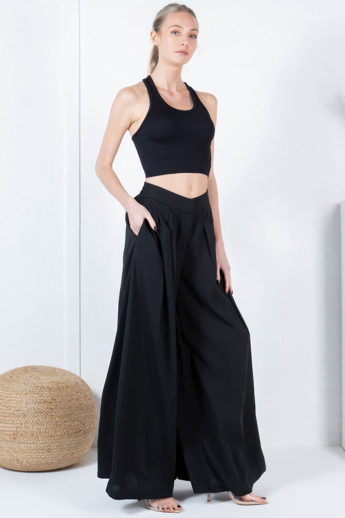 Large Hem Wide Leg Pleated Solid Pants - Bona Fide Fashion