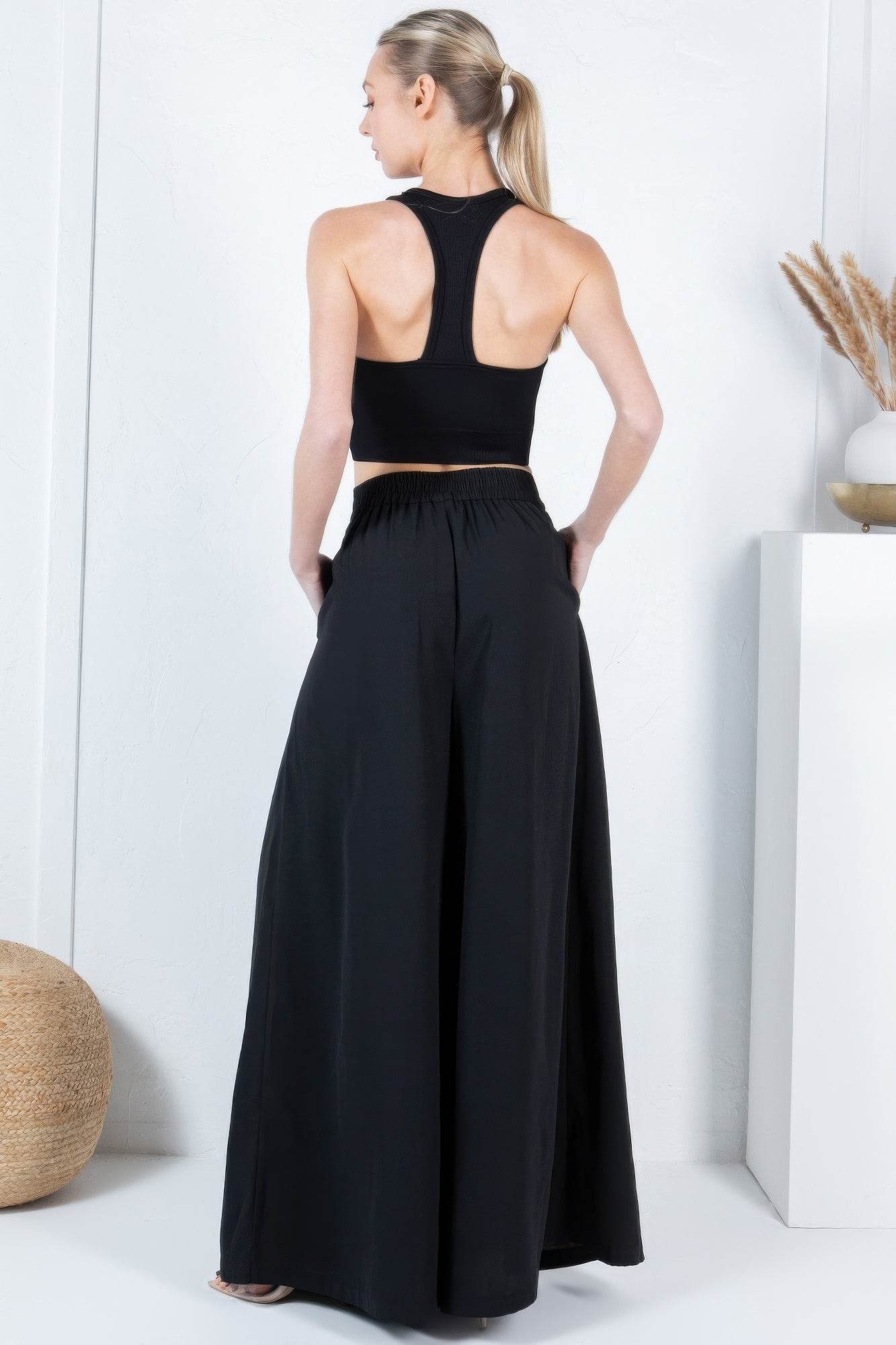 Large Hem Wide Leg Pleated Solid Pants - Bona Fide Fashion
