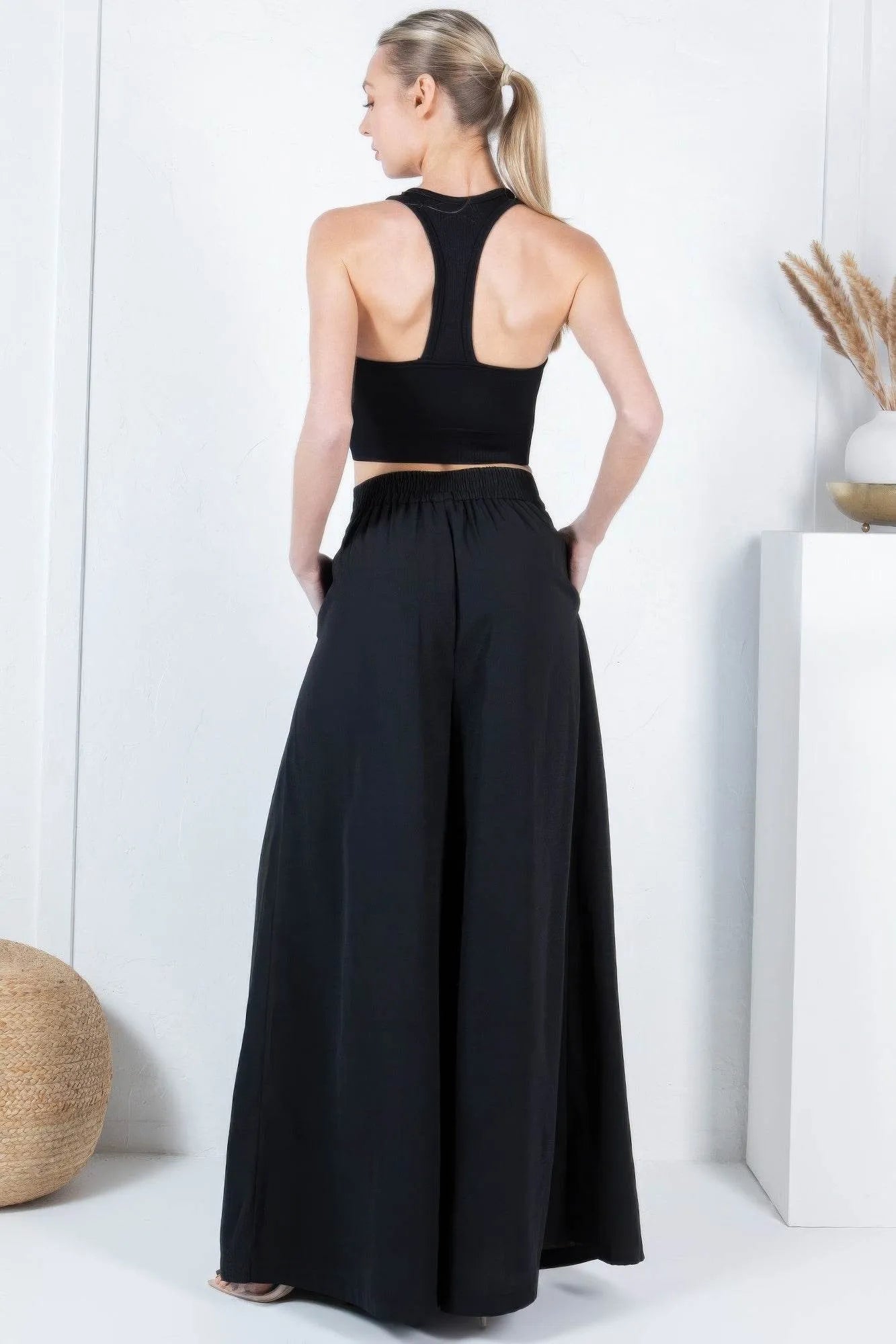 Large Hem Wide Leg Pleated Solid Pants - Bona Fide Fashion