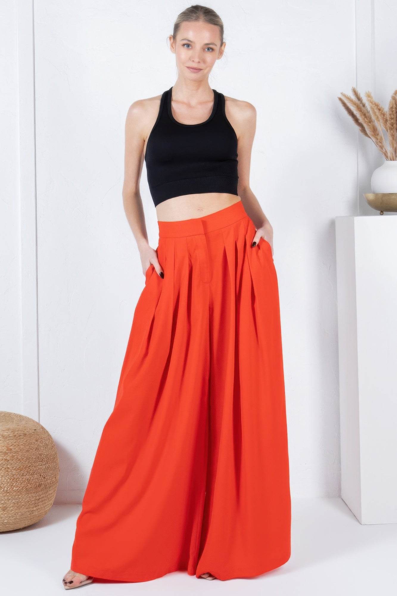 Large Hem Wide Leg Pleated Solid Pants - Bona Fide Fashion