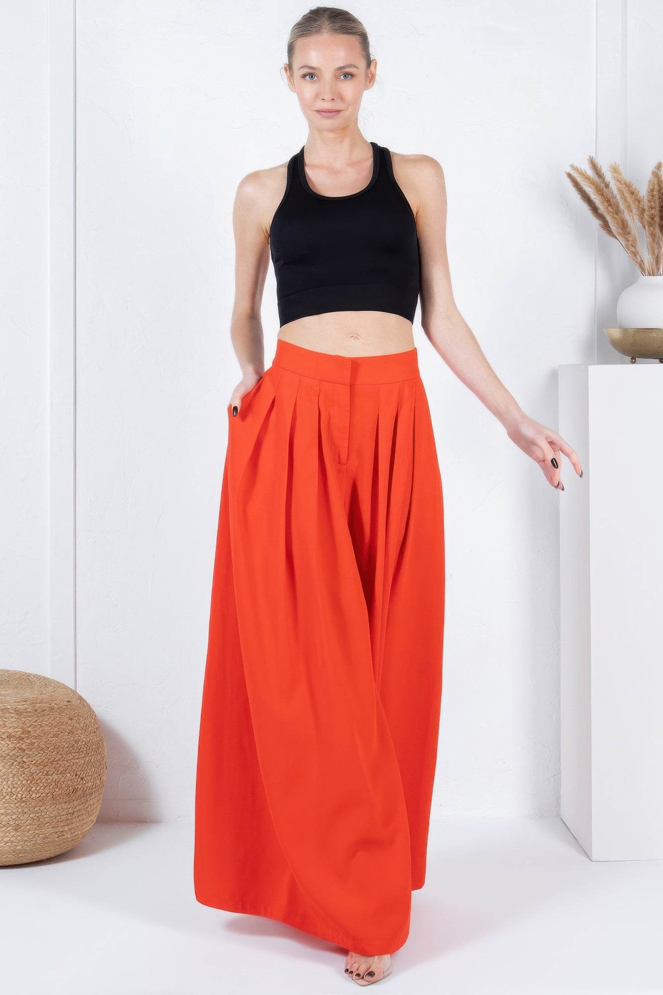 Large Hem Wide Leg Pleated Solid Pants - Bona Fide Fashion