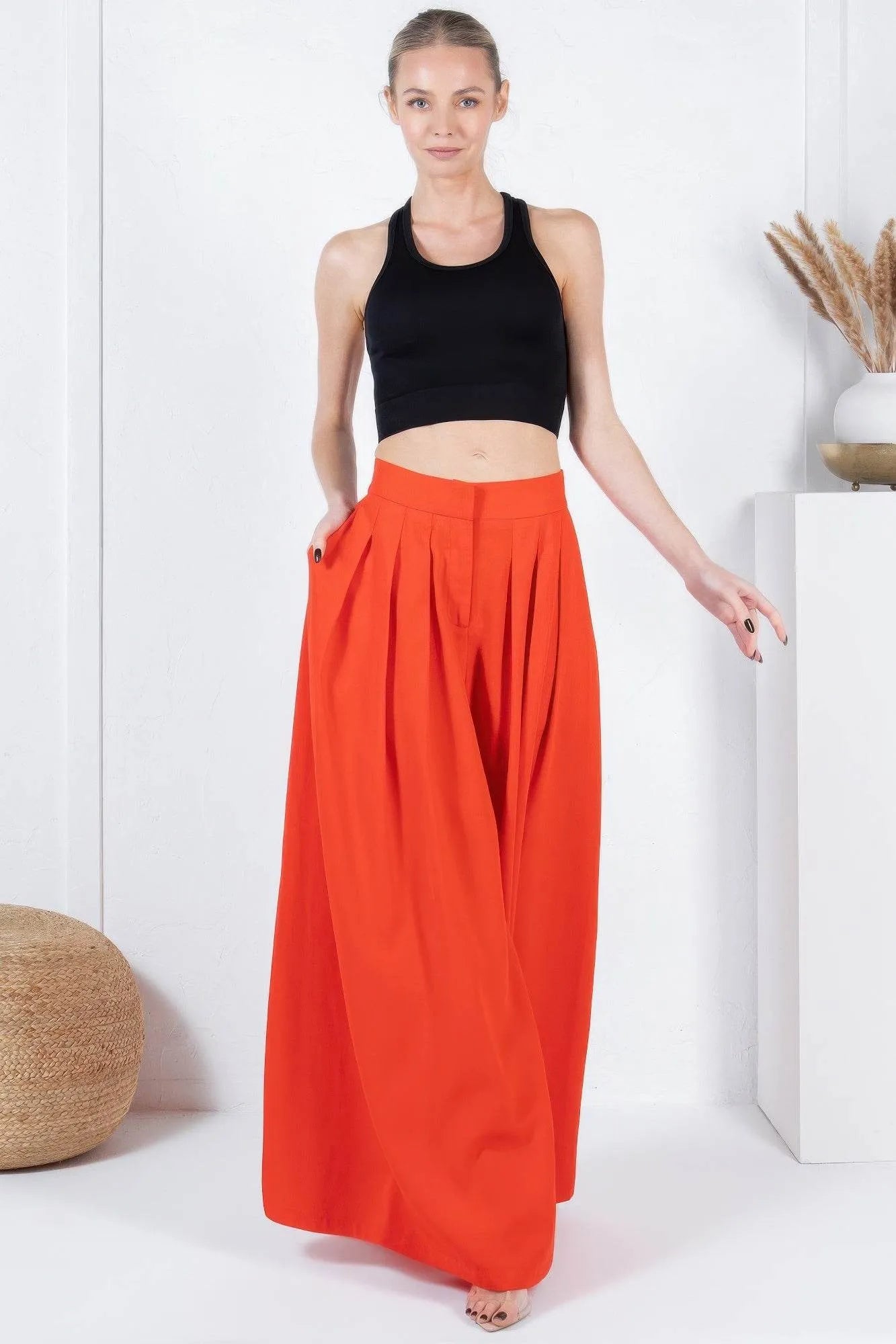 Large Hem Wide Leg Pleated Solid Pants - Bona Fide Fashion