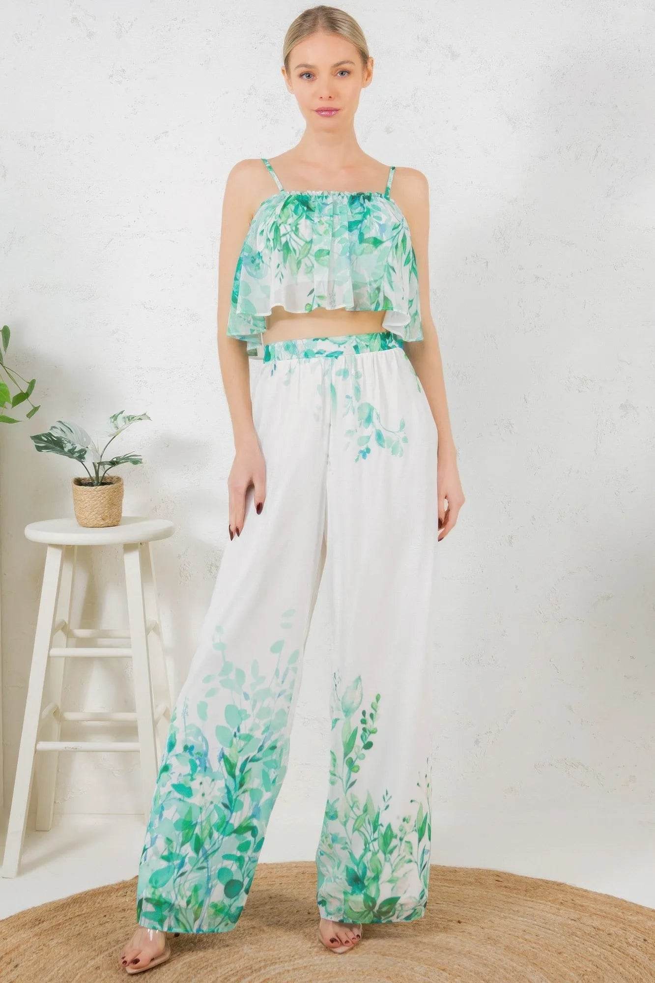 Printed Crop Top & Wide Leg Long Pants Set - Bona Fide Fashion