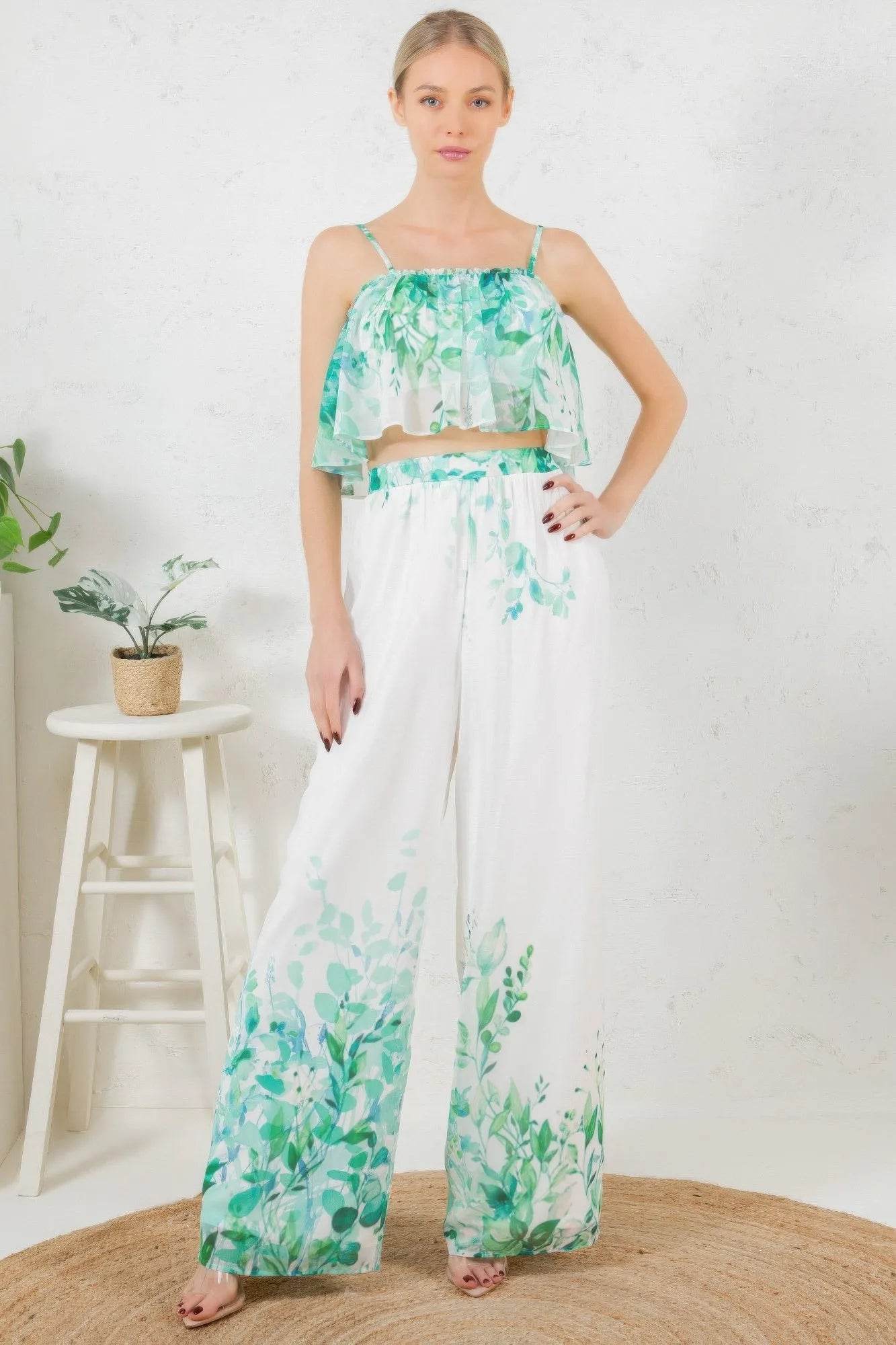 Printed Crop Top & Wide Leg Long Pants Set - Bona Fide Fashion