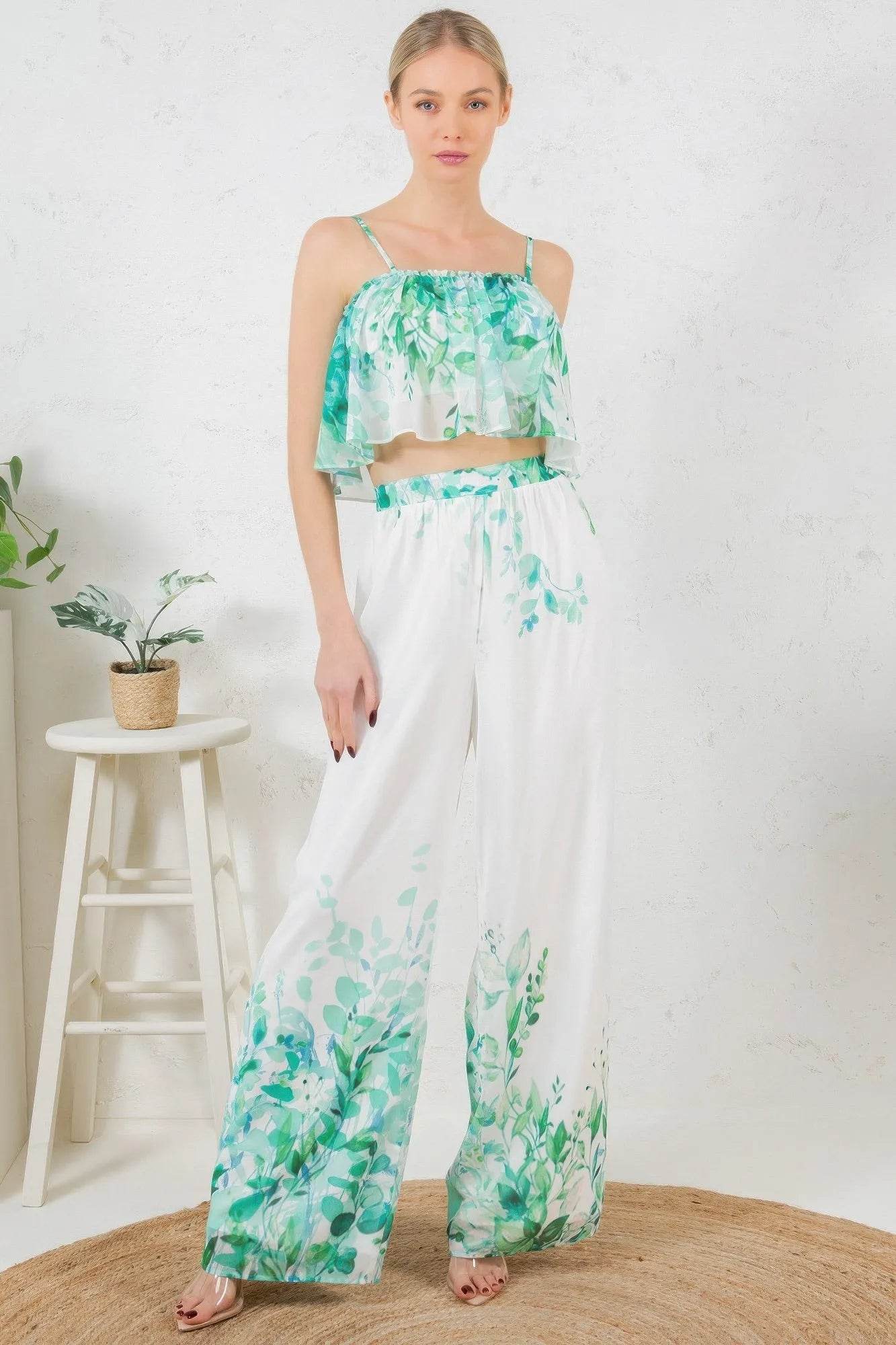 Printed Crop Top & Wide Leg Long Pants Set - Bona Fide Fashion