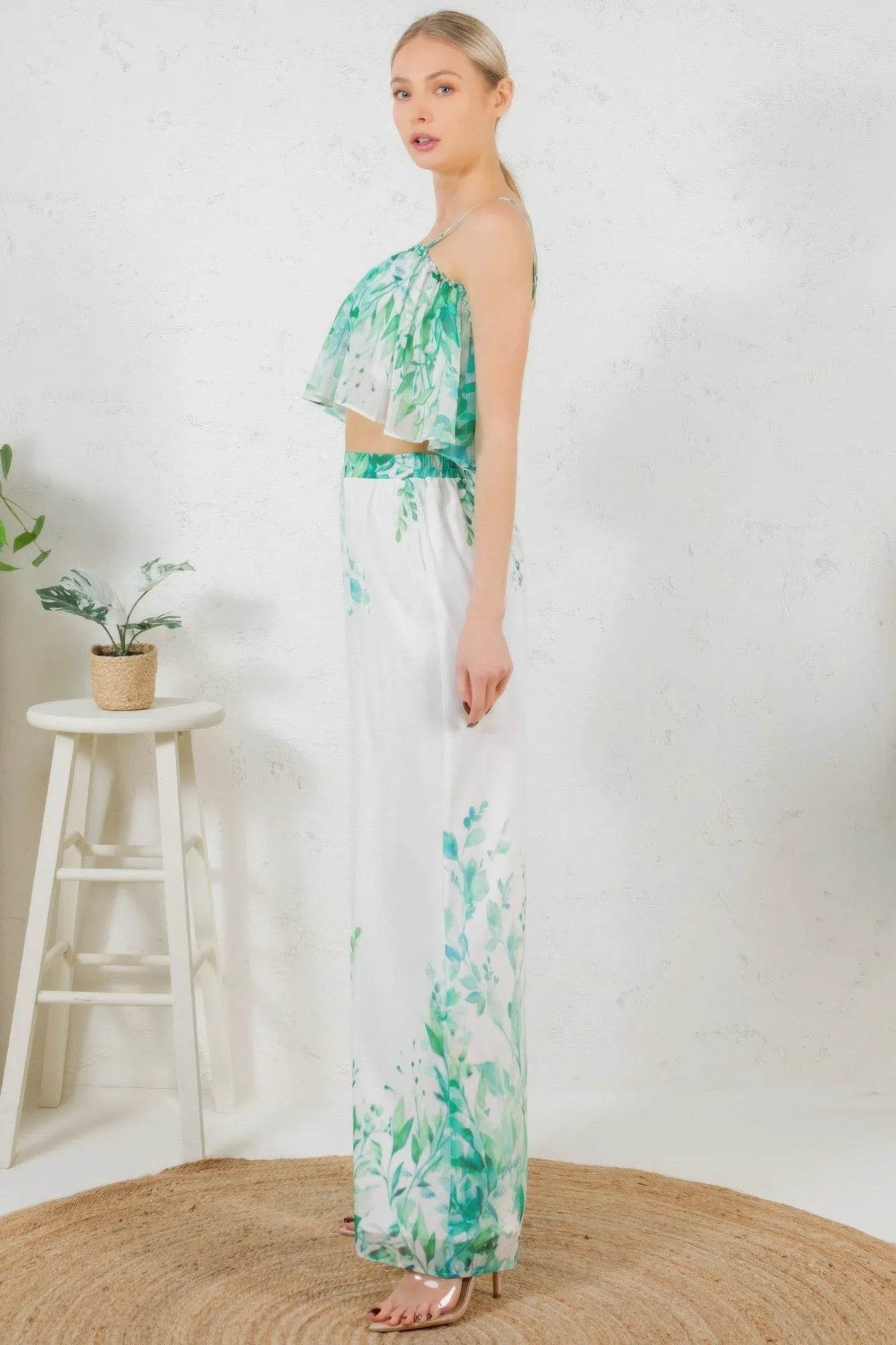 Printed Crop Top & Wide Leg Long Pants Set - Bona Fide Fashion