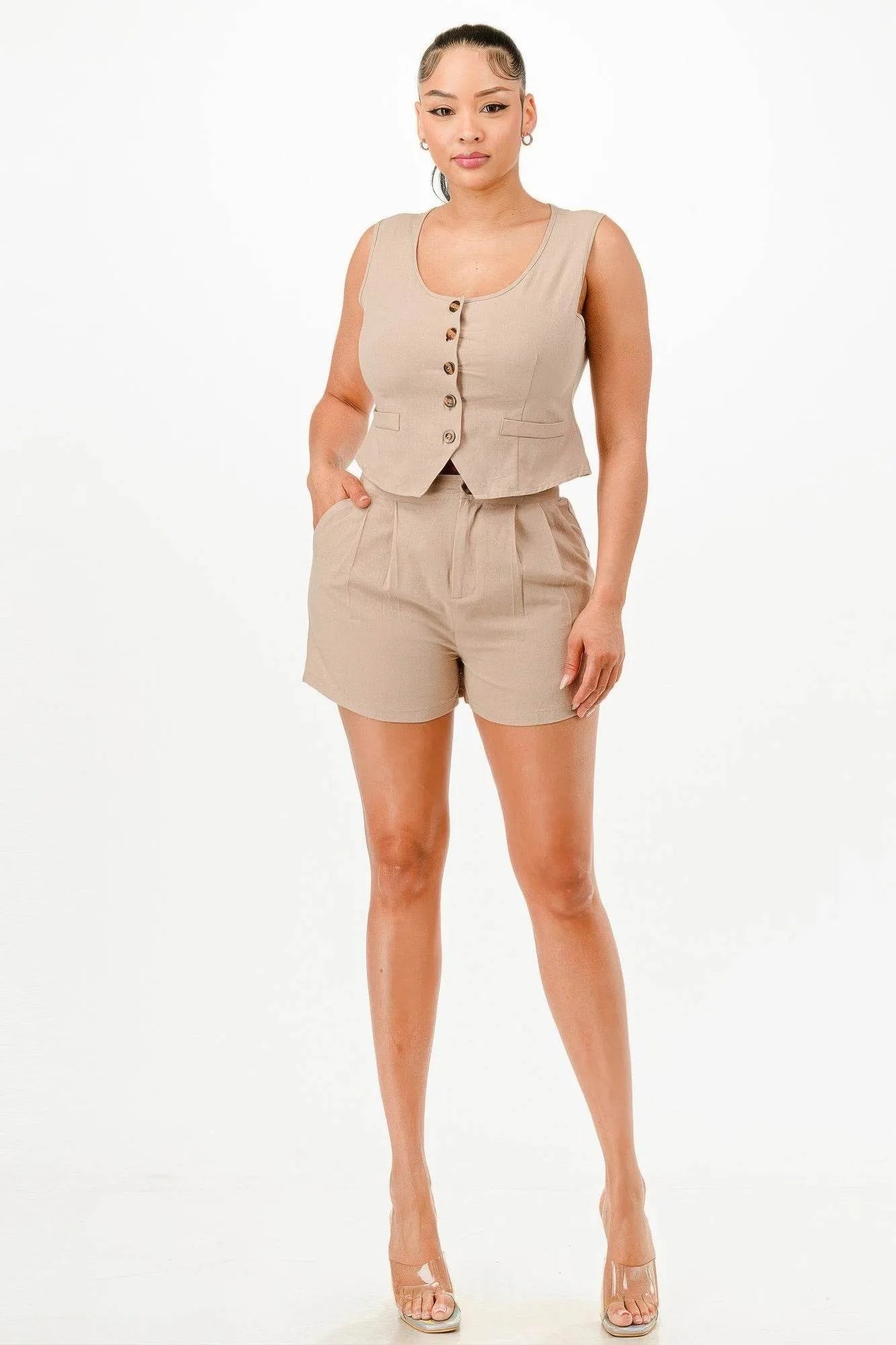 Casual Cropped Vest And Short Set - Bona Fide Fashion