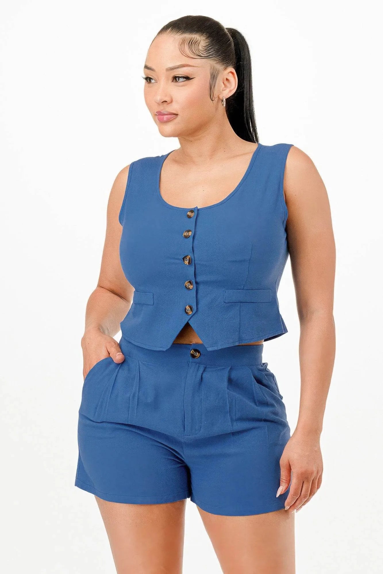Casual Cropped Vest And Short Set - Bona Fide Fashion