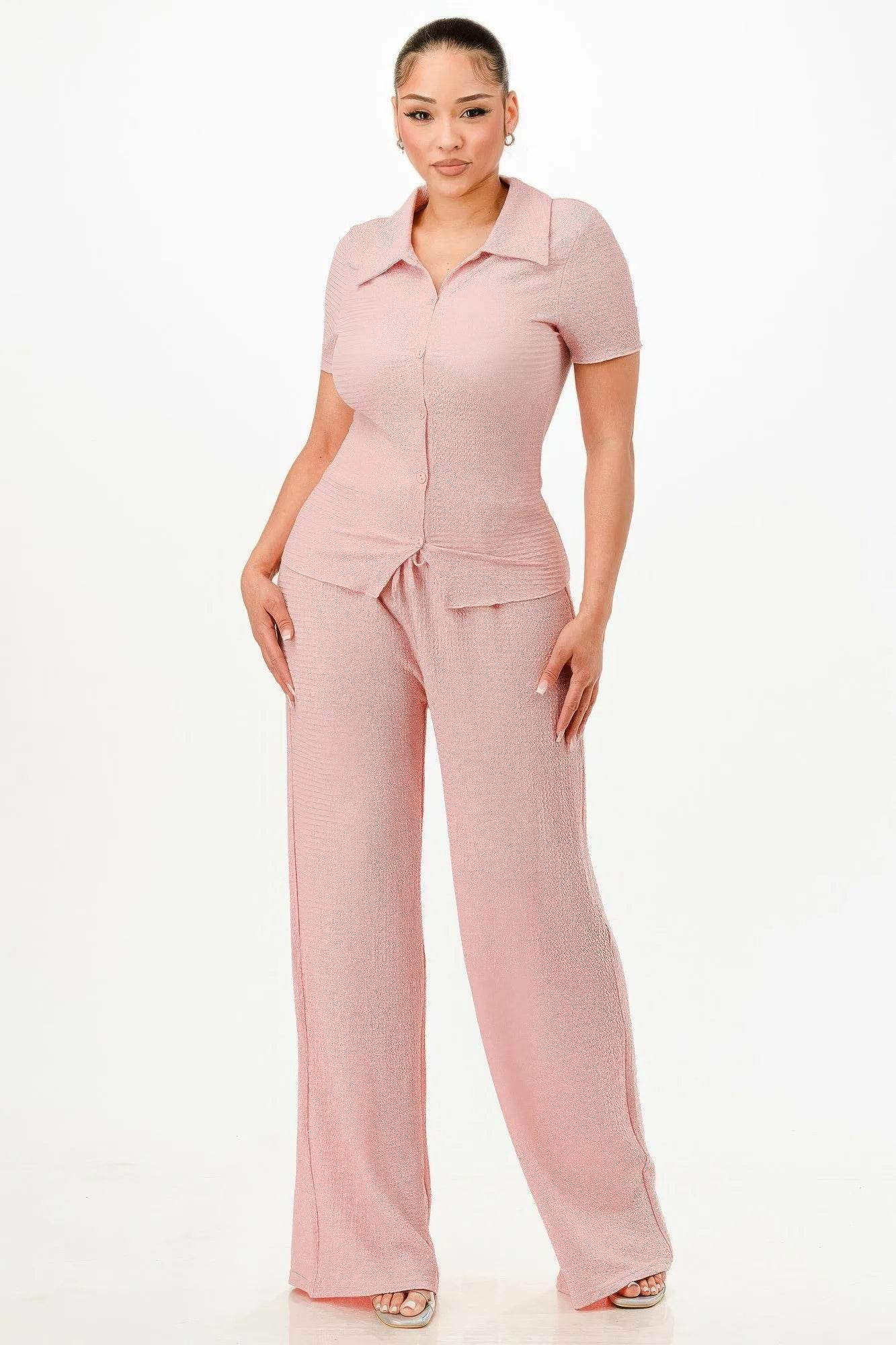 Textured Polo Top And Pants Set - Bona Fide Fashion
