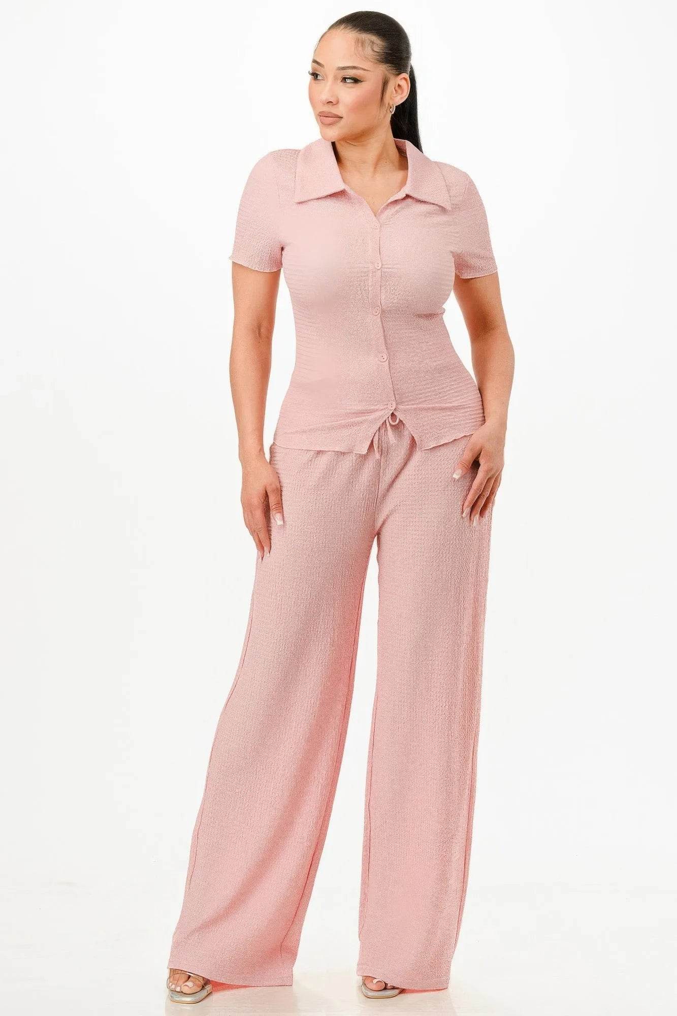 Textured Polo Top And Pants Set - Bona Fide Fashion