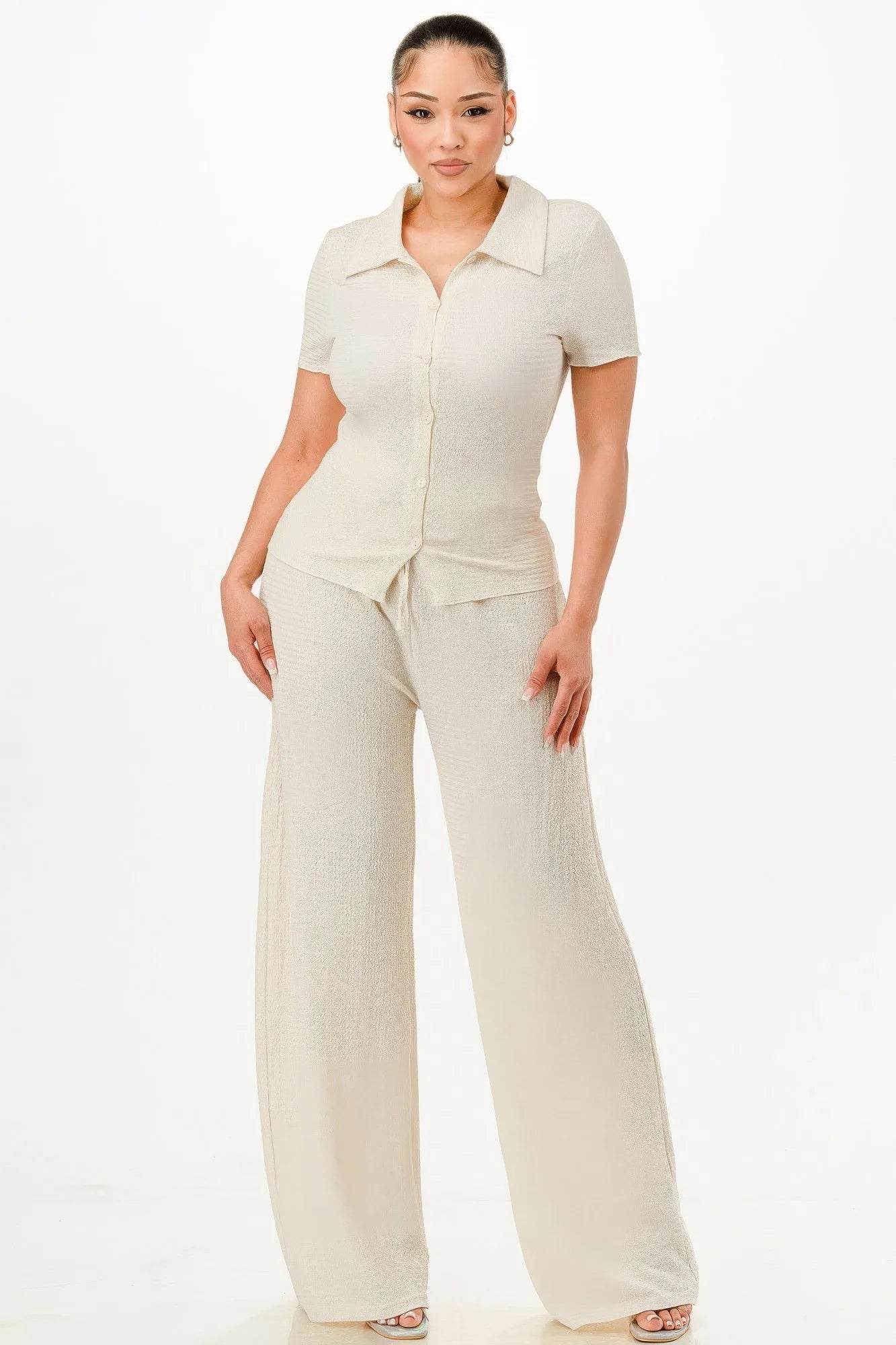 Textured Polo Top And Pants Set - Bona Fide Fashion