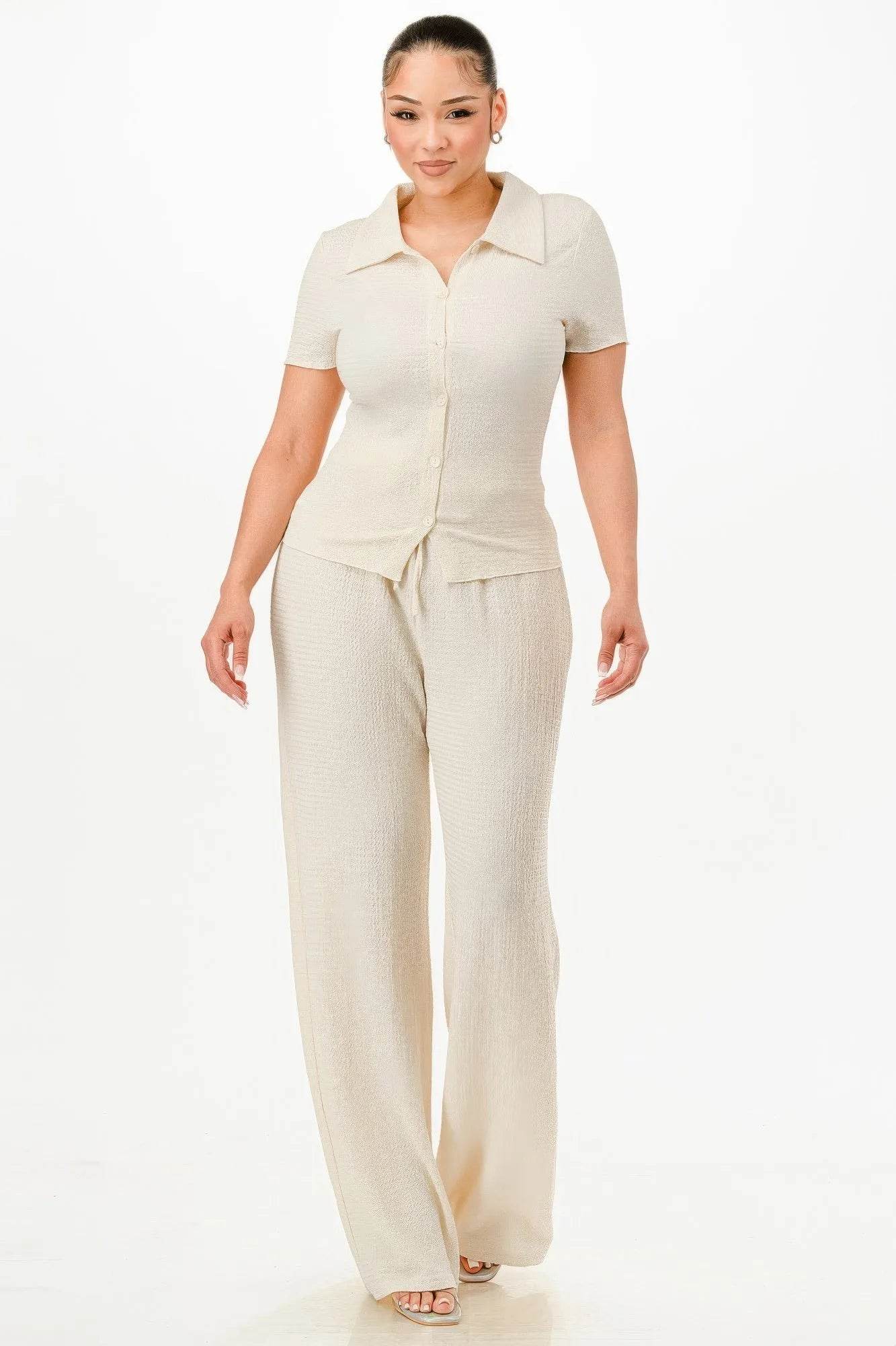 Textured Polo Top And Pants Set - Bona Fide Fashion