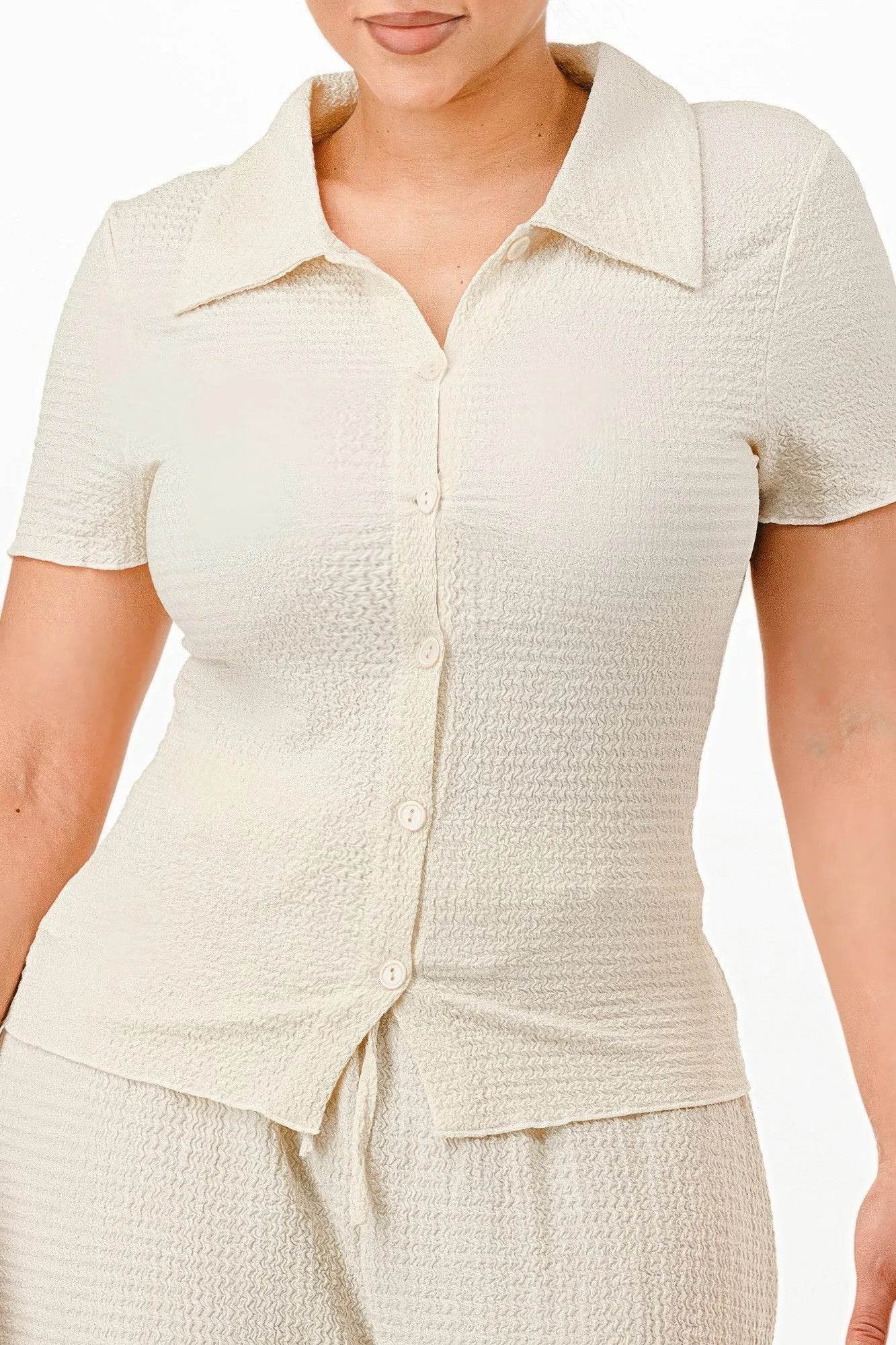 Textured Polo Top And Pants Set - Bona Fide Fashion