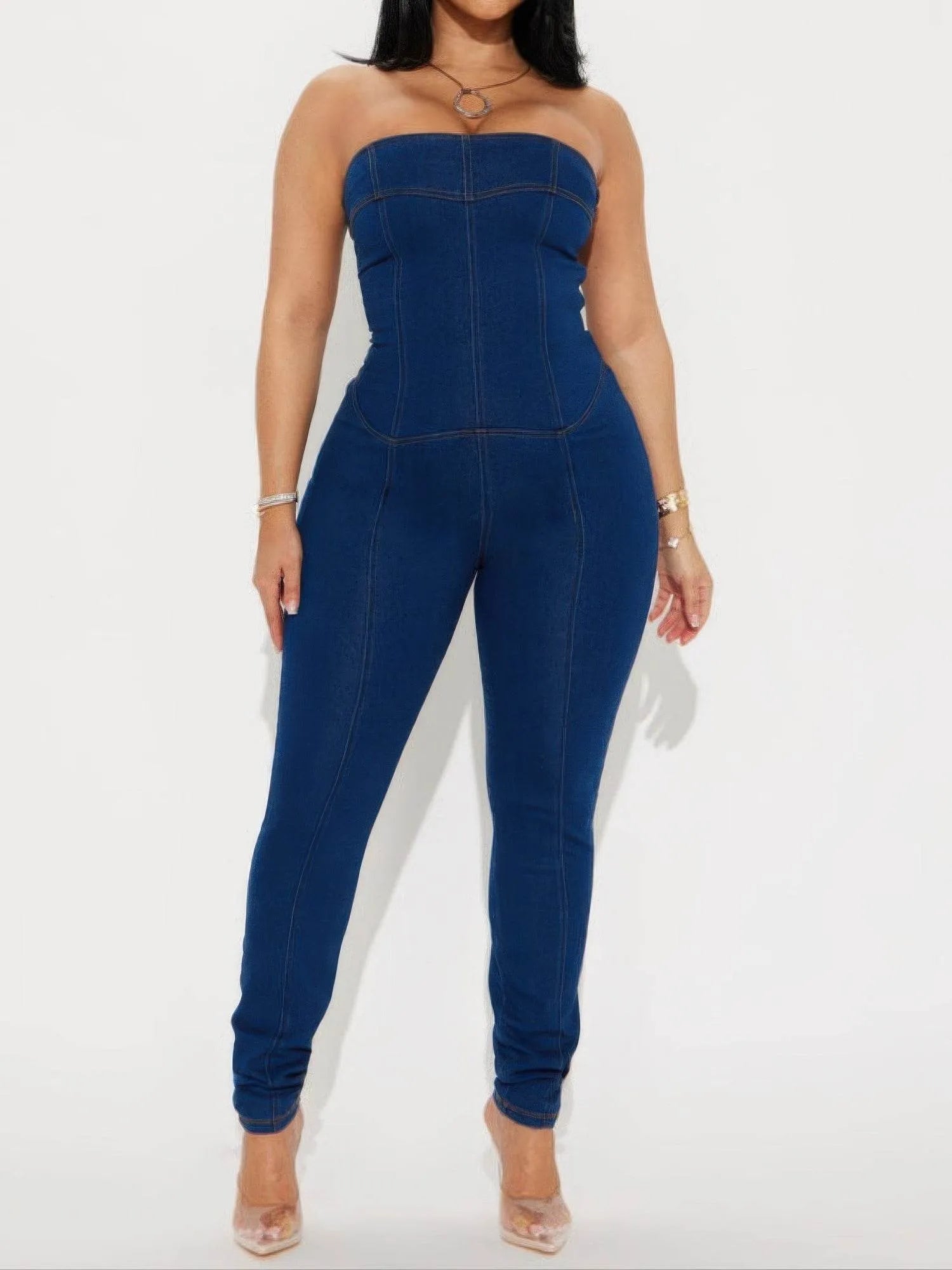 Strapless Denim Jumpsuit With Lace Up Back - Bona Fide Fashion
