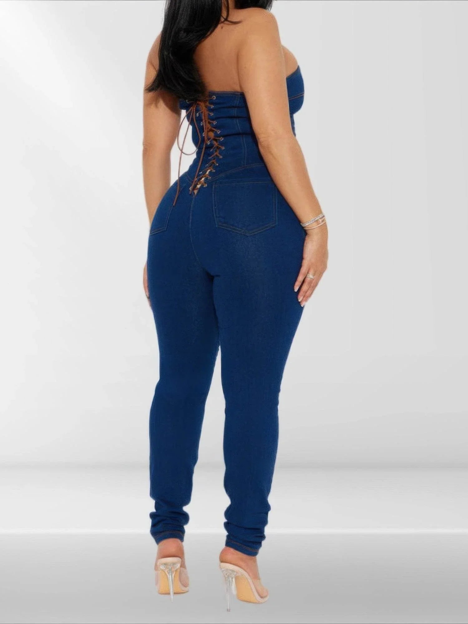 Strapless Denim Jumpsuit With Lace Up Back - Bona Fide Fashion