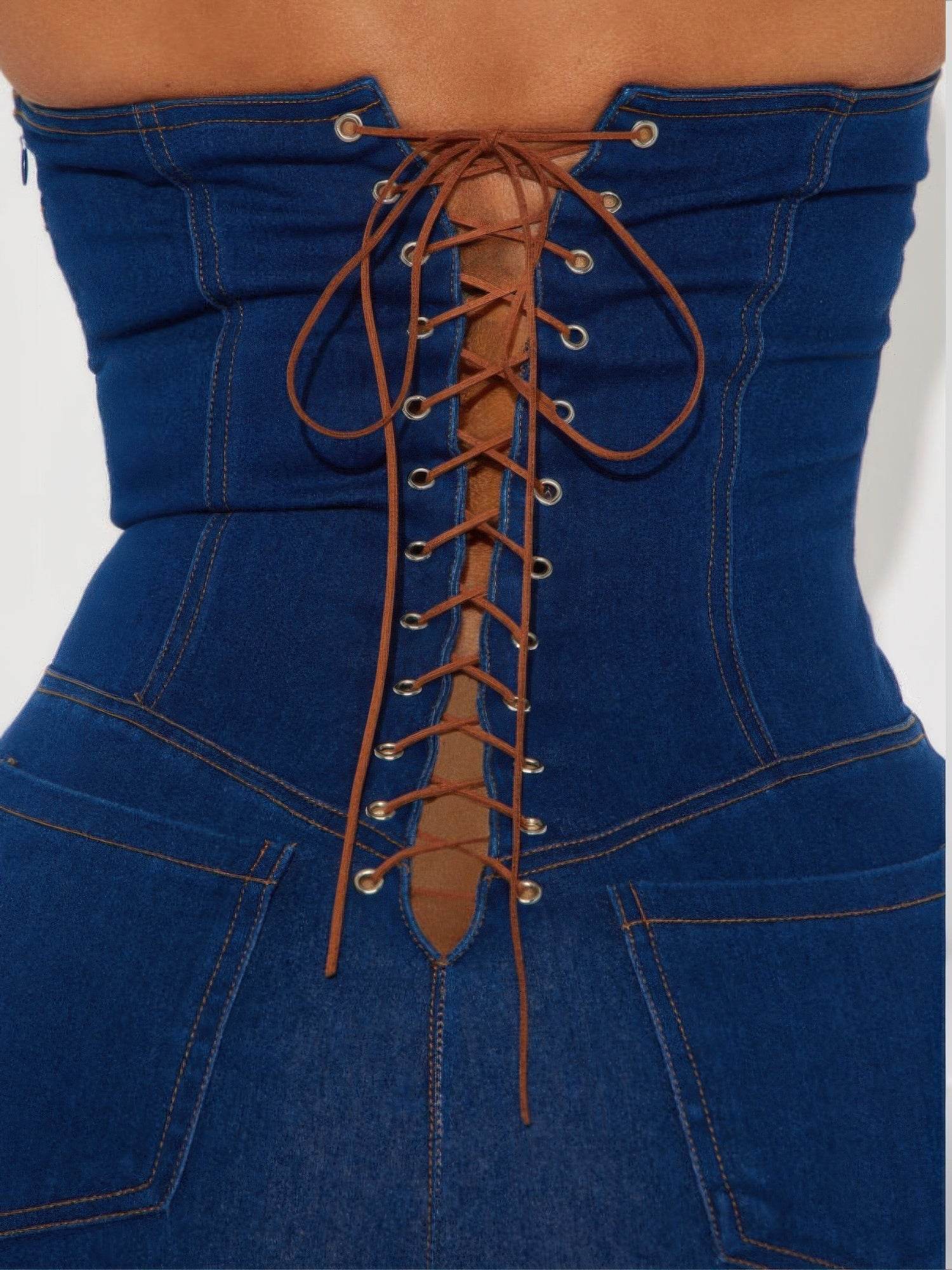 Strapless Denim Jumpsuit With Lace Up Back - Bona Fide Fashion