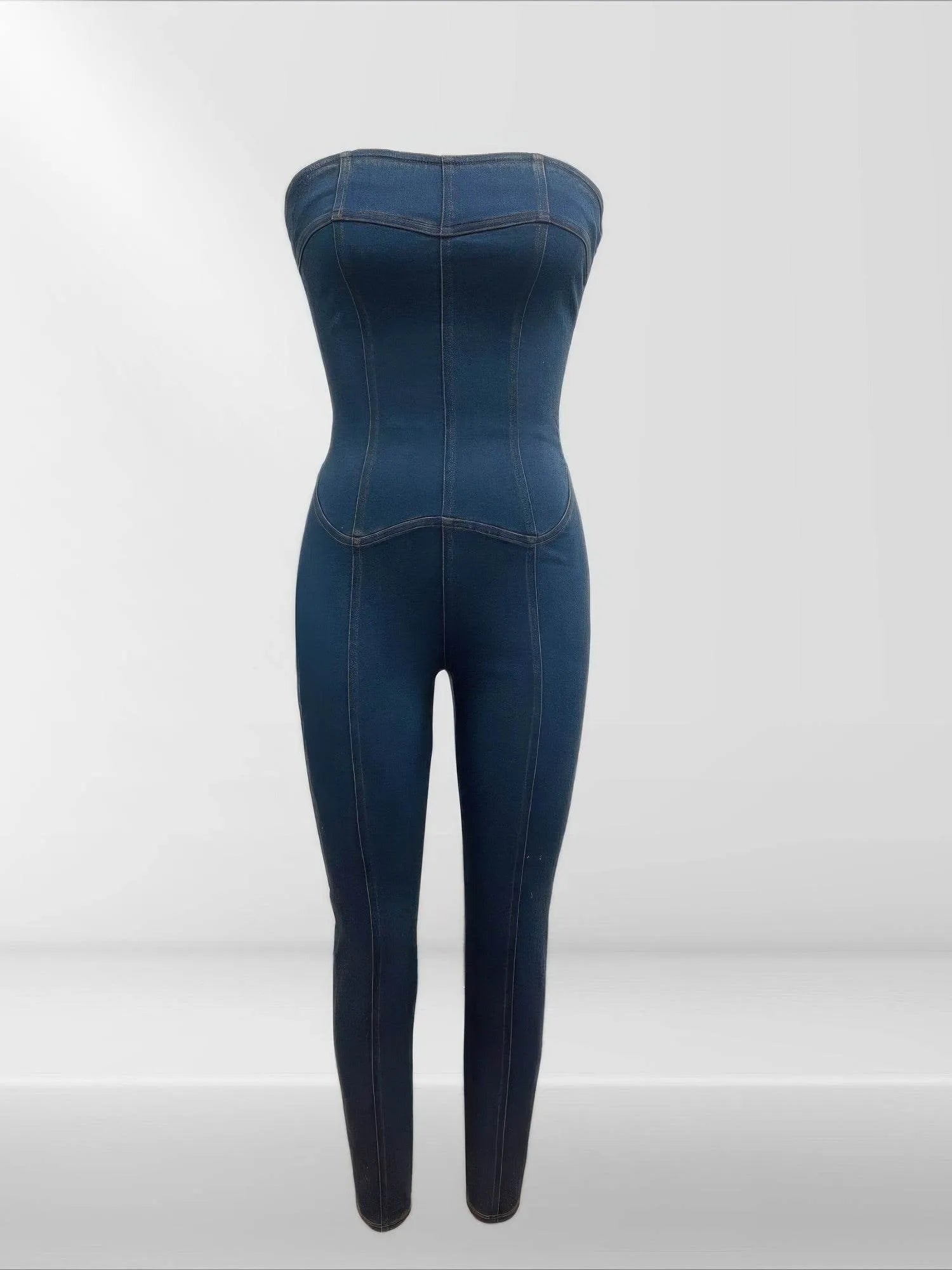 Strapless Denim Jumpsuit With Lace Up Back - Bona Fide Fashion
