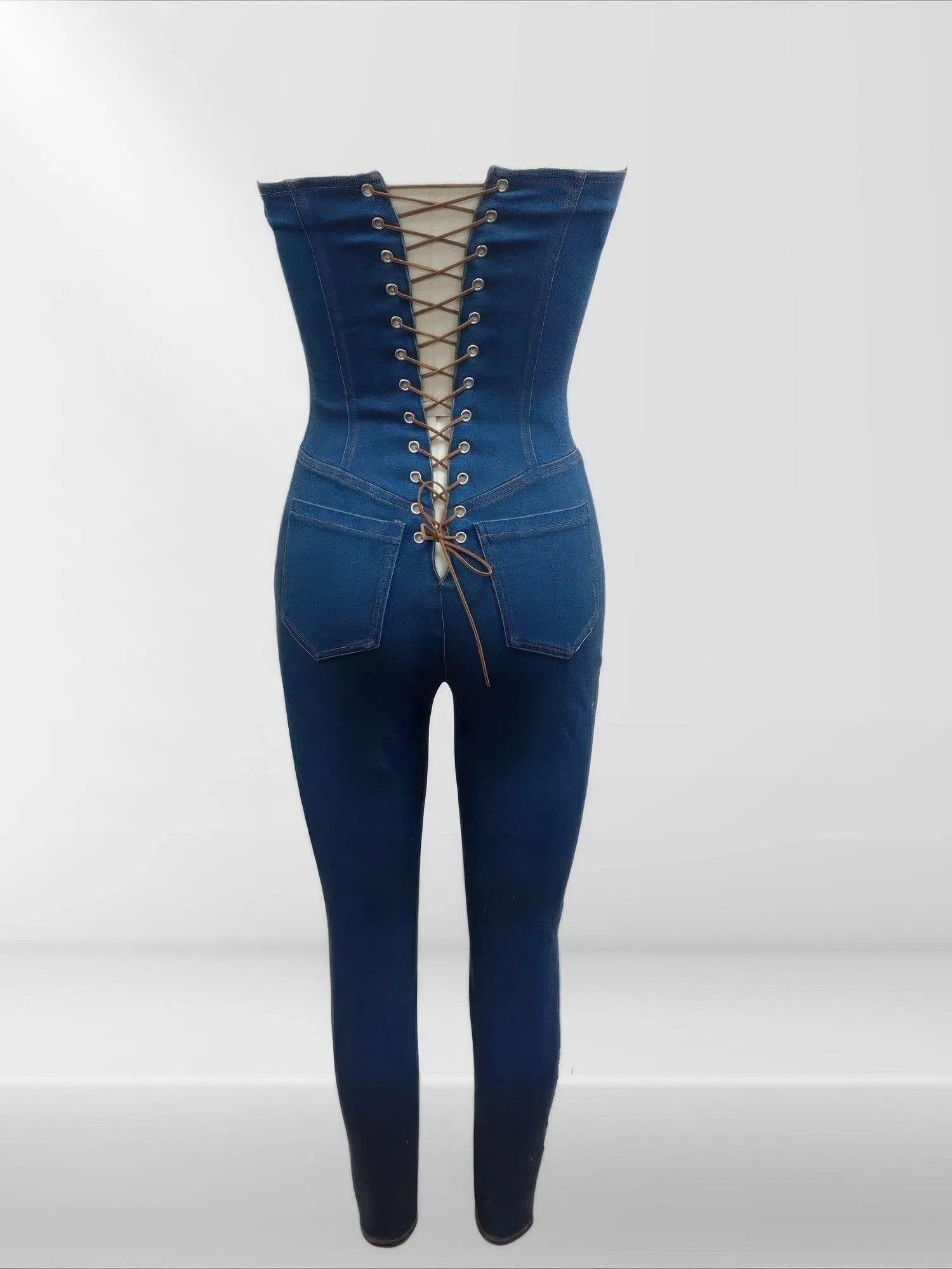 Strapless Denim Jumpsuit With Lace Up Back - Bona Fide Fashion
