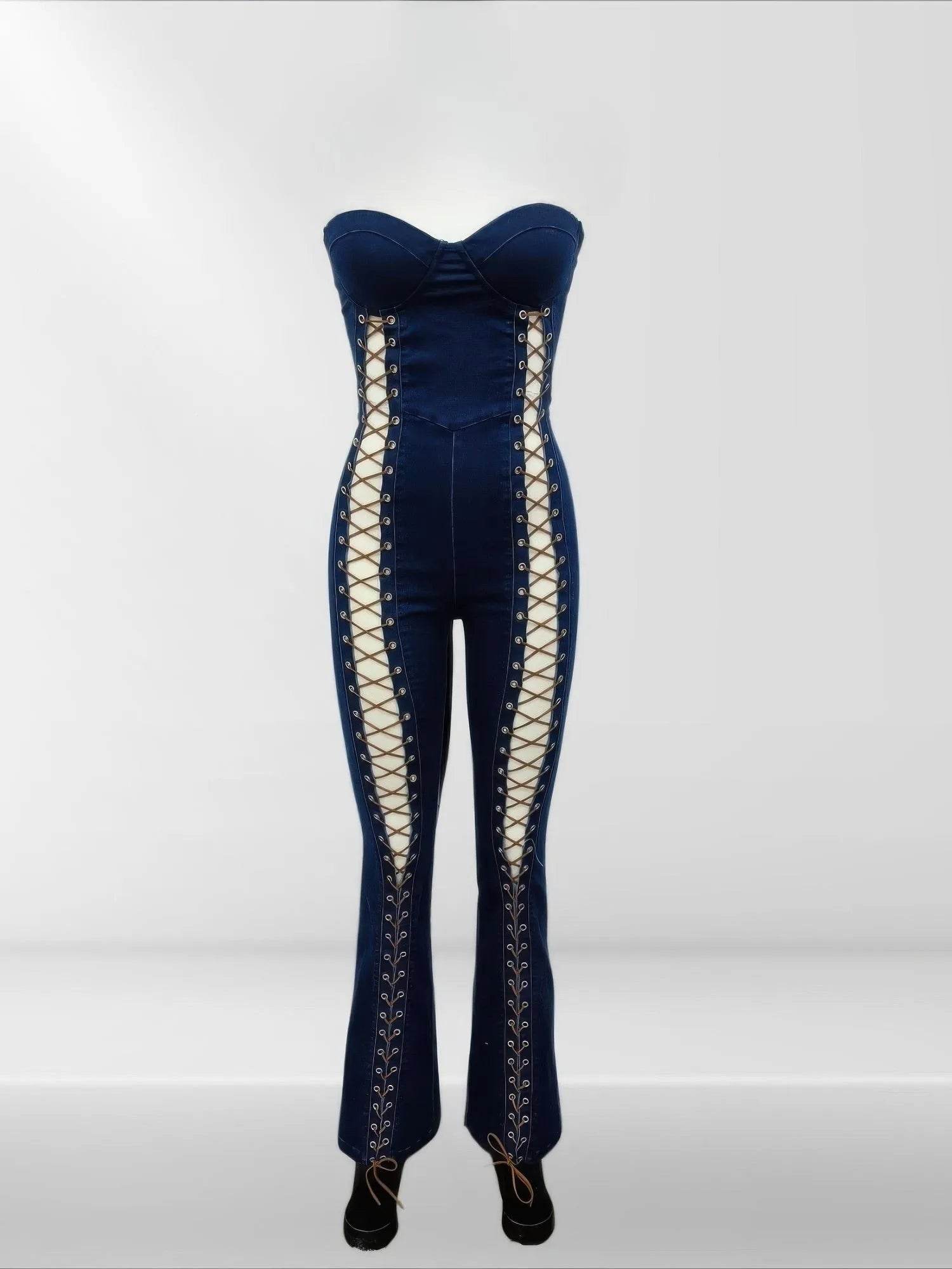 Lace Up Detail Denim Jumpsuit - Bona Fide Fashion