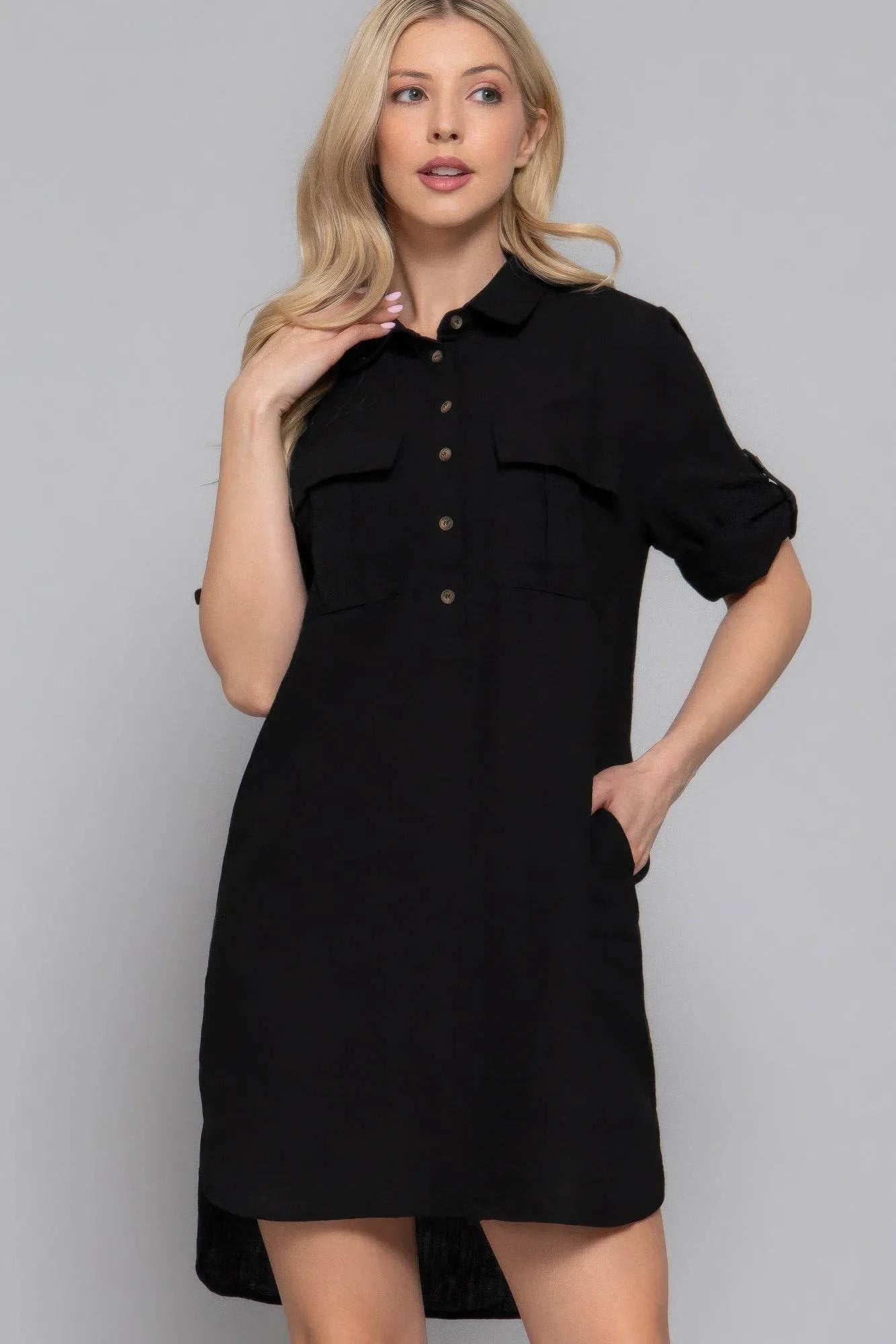 Roll Up Short Slv Straight Linen Effect Mini Dress - Bona Fide Fashion