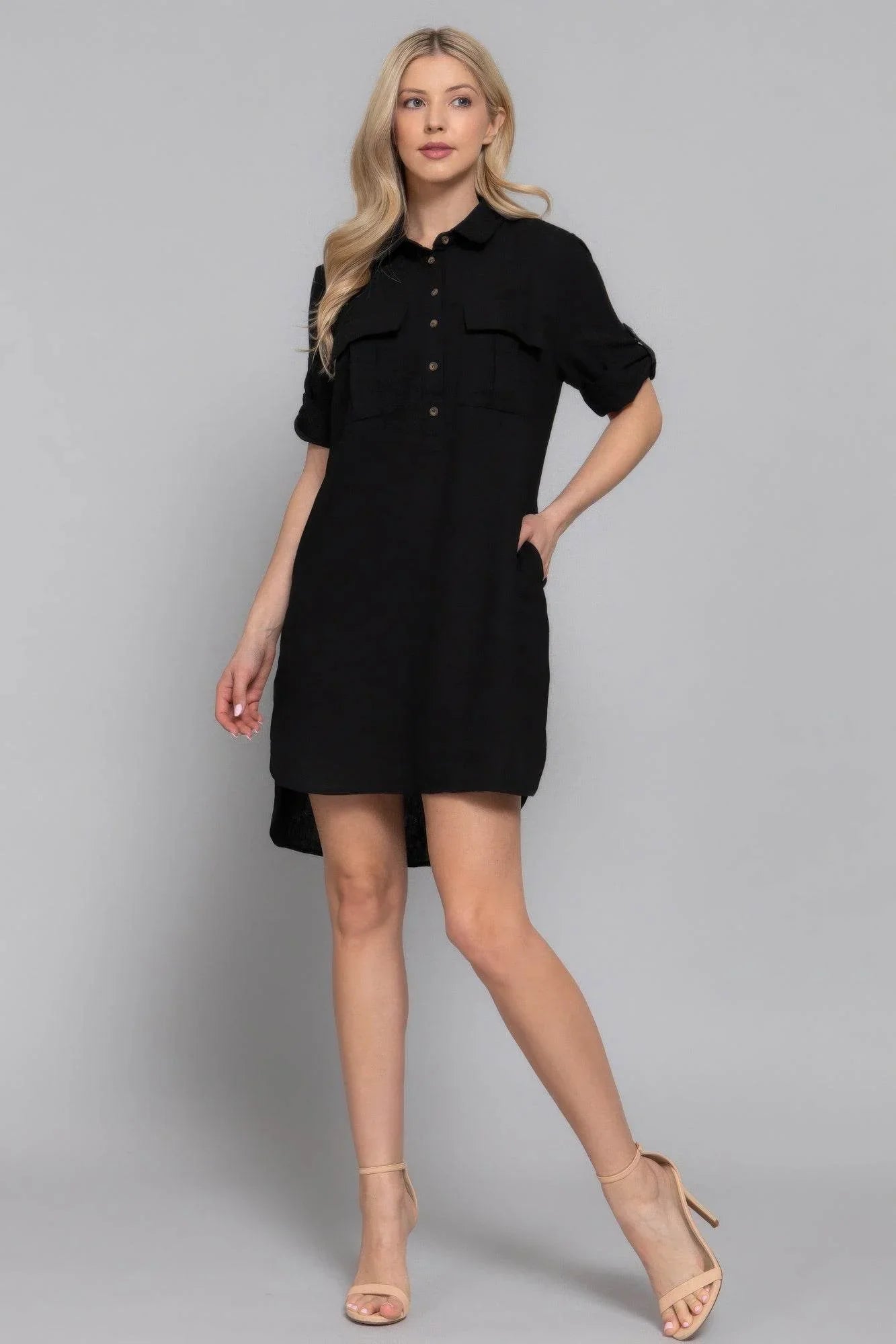 Roll Up Short Slv Straight Linen Effect Mini Dress - Bona Fide Fashion