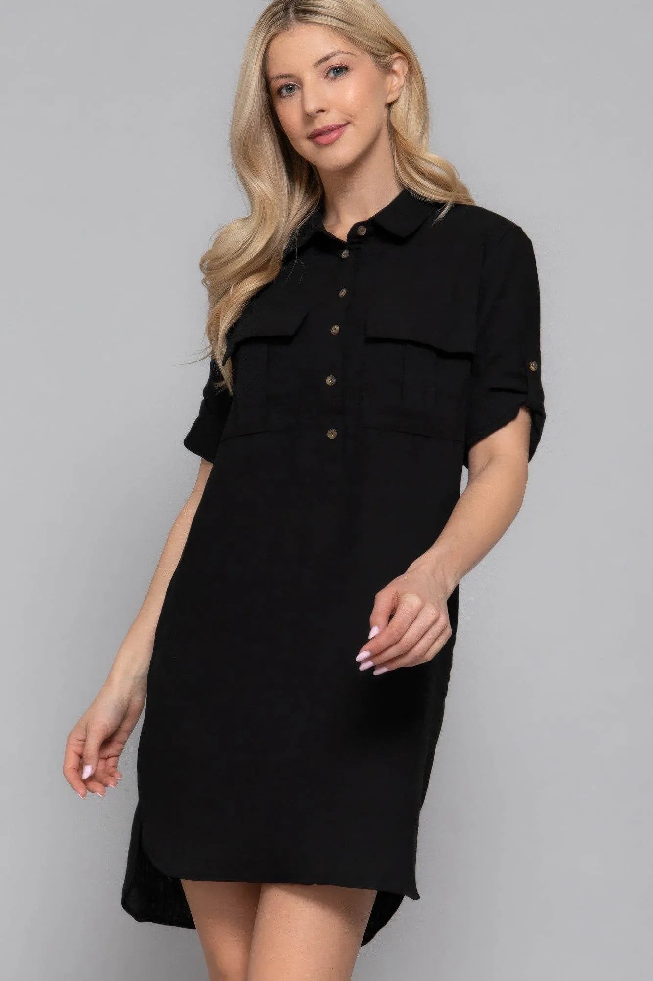 Roll Up Short Slv Straight Linen Effect Mini Dress - Bona Fide Fashion