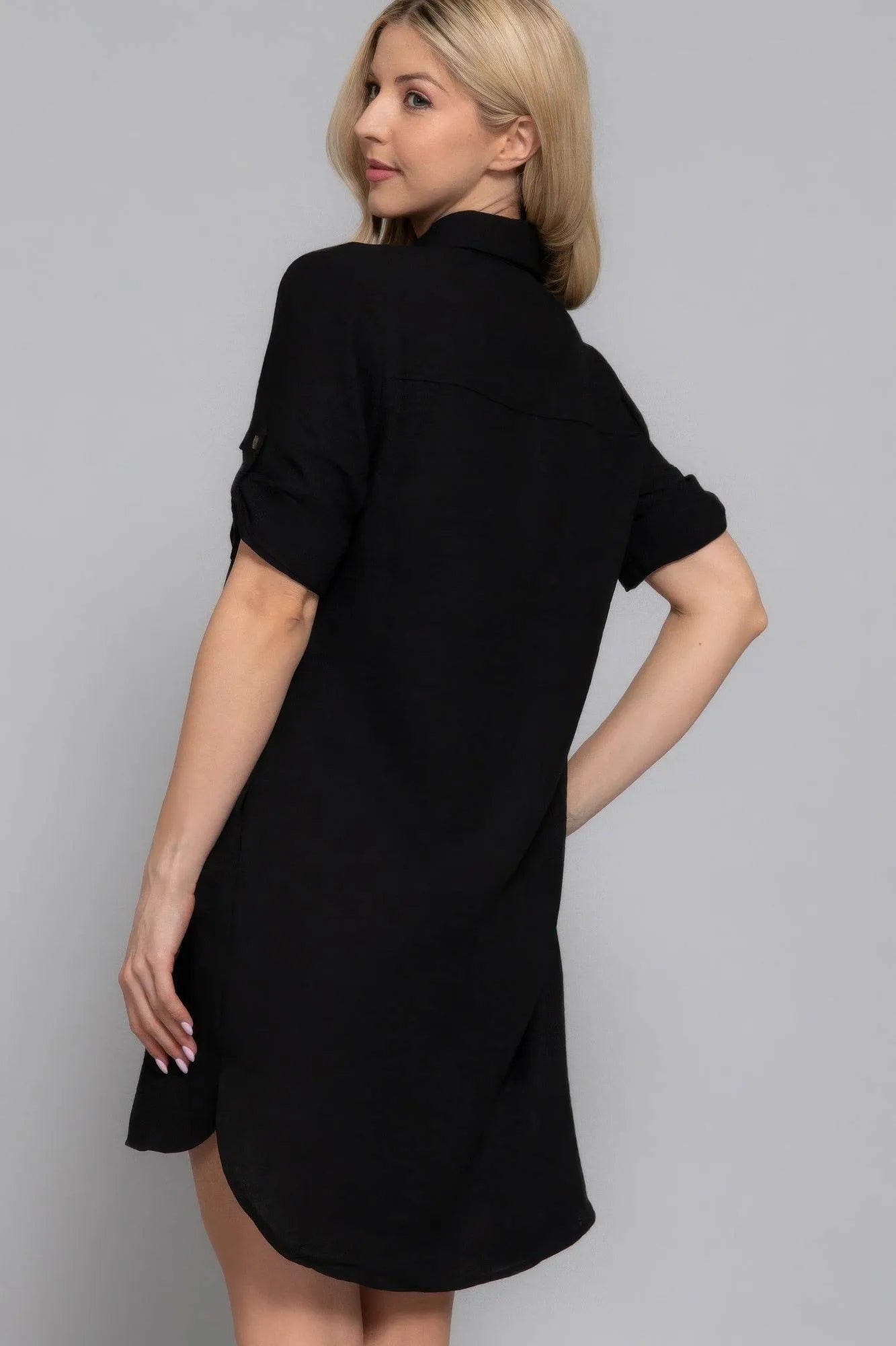 Roll Up Short Slv Straight Linen Effect Mini Dress - Bona Fide Fashion