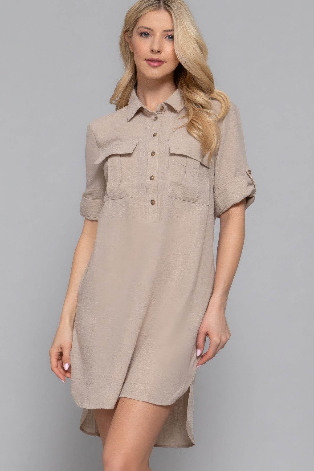 Roll Up Short Slv Straight Linen Effect Mini Dress - Bona Fide Fashion