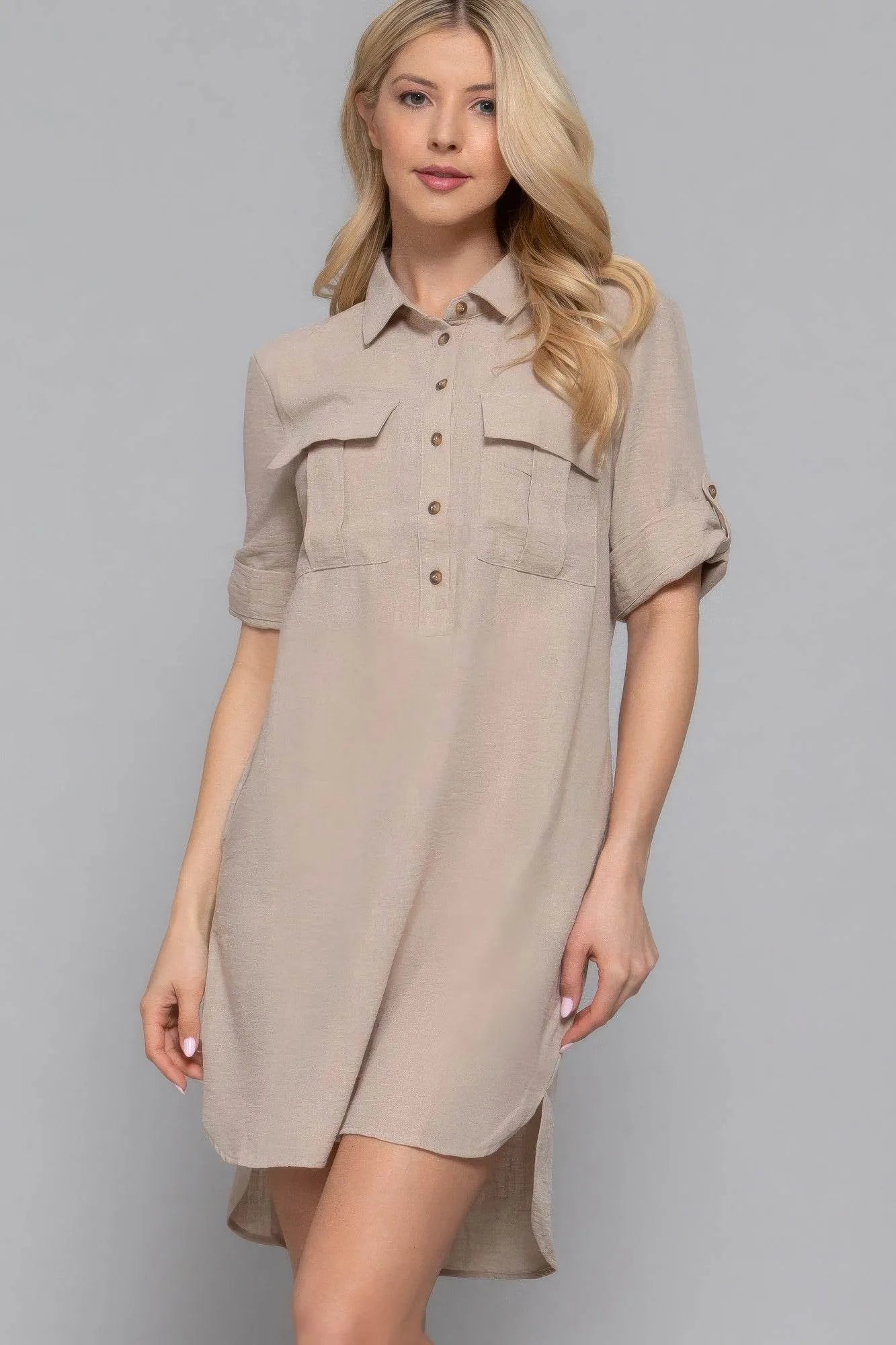Roll Up Short Slv Straight Linen Effect Mini Dress - Bona Fide Fashion