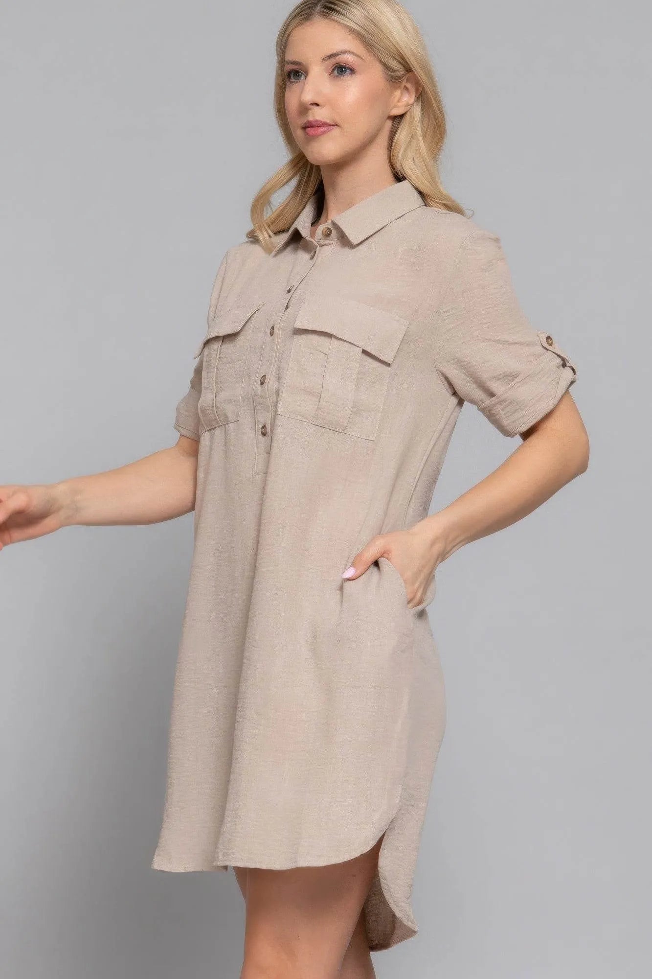 Roll Up Short Slv Straight Linen Effect Mini Dress - Bona Fide Fashion