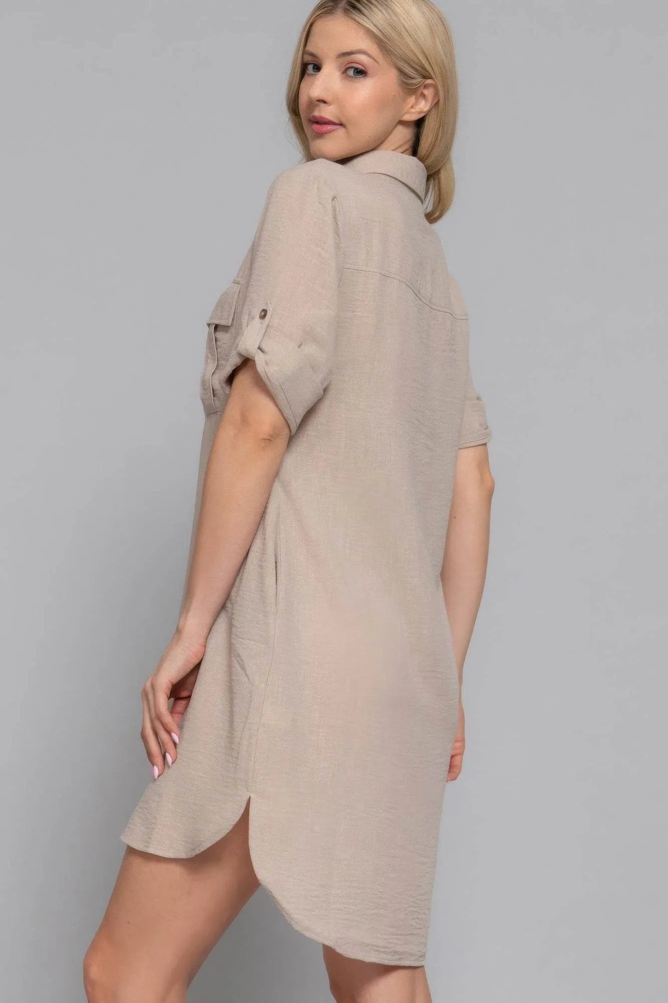 Roll Up Short Slv Straight Linen Effect Mini Dress - Bona Fide Fashion