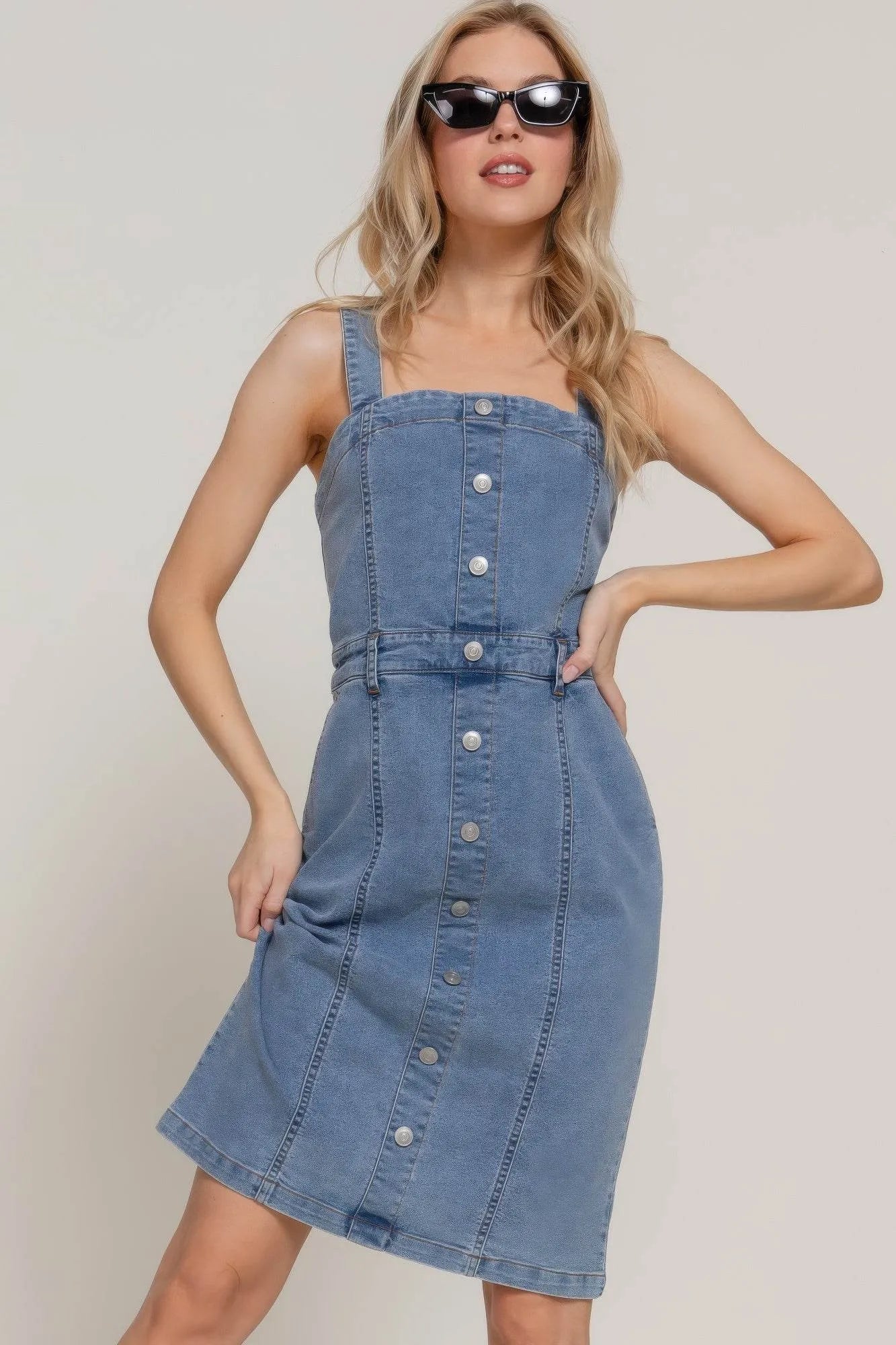 Button Down Placket Stretch Denim Dress - Bona Fide Fashion