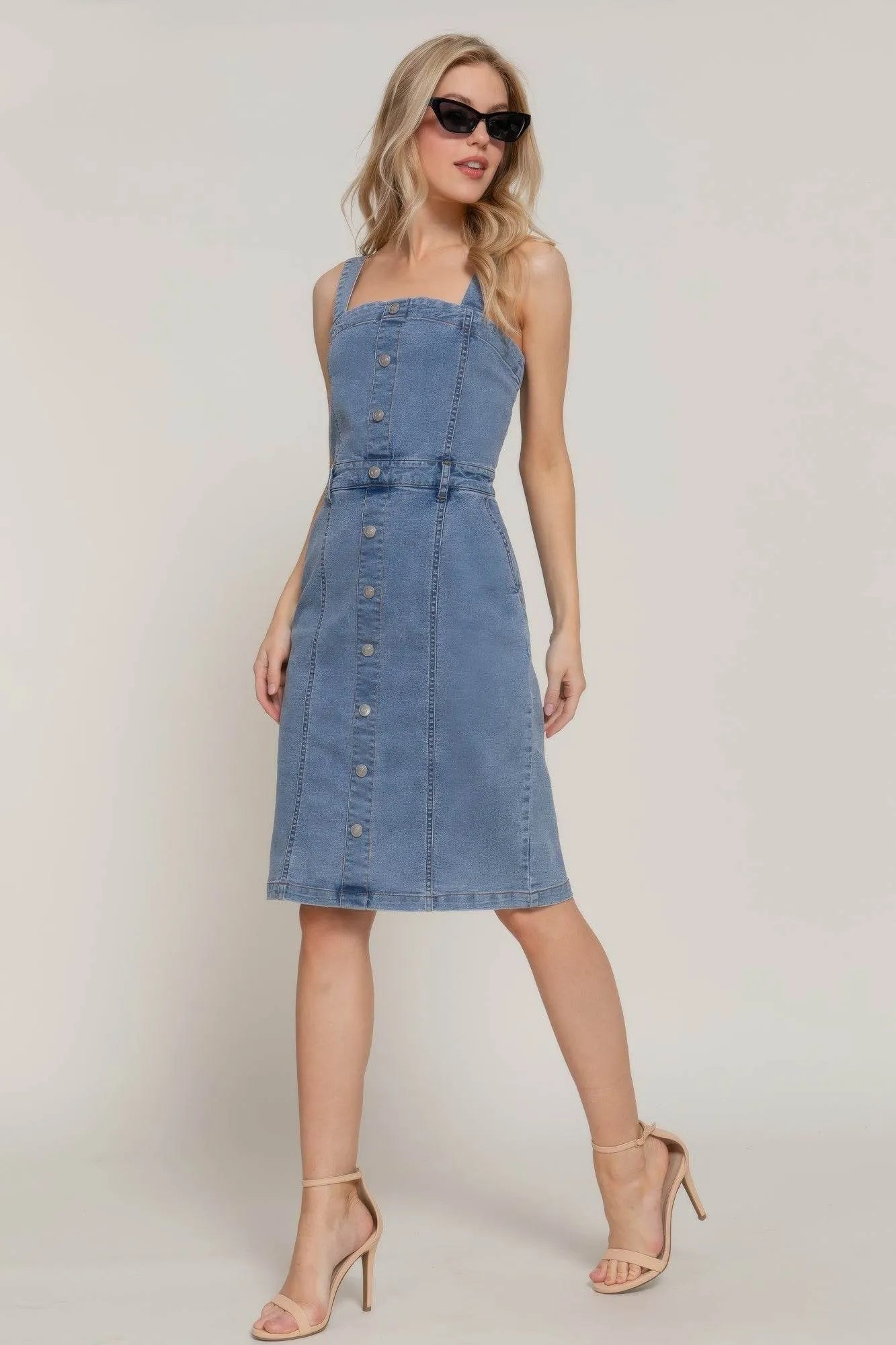 Button Down Placket Stretch Denim Dress - Bona Fide Fashion