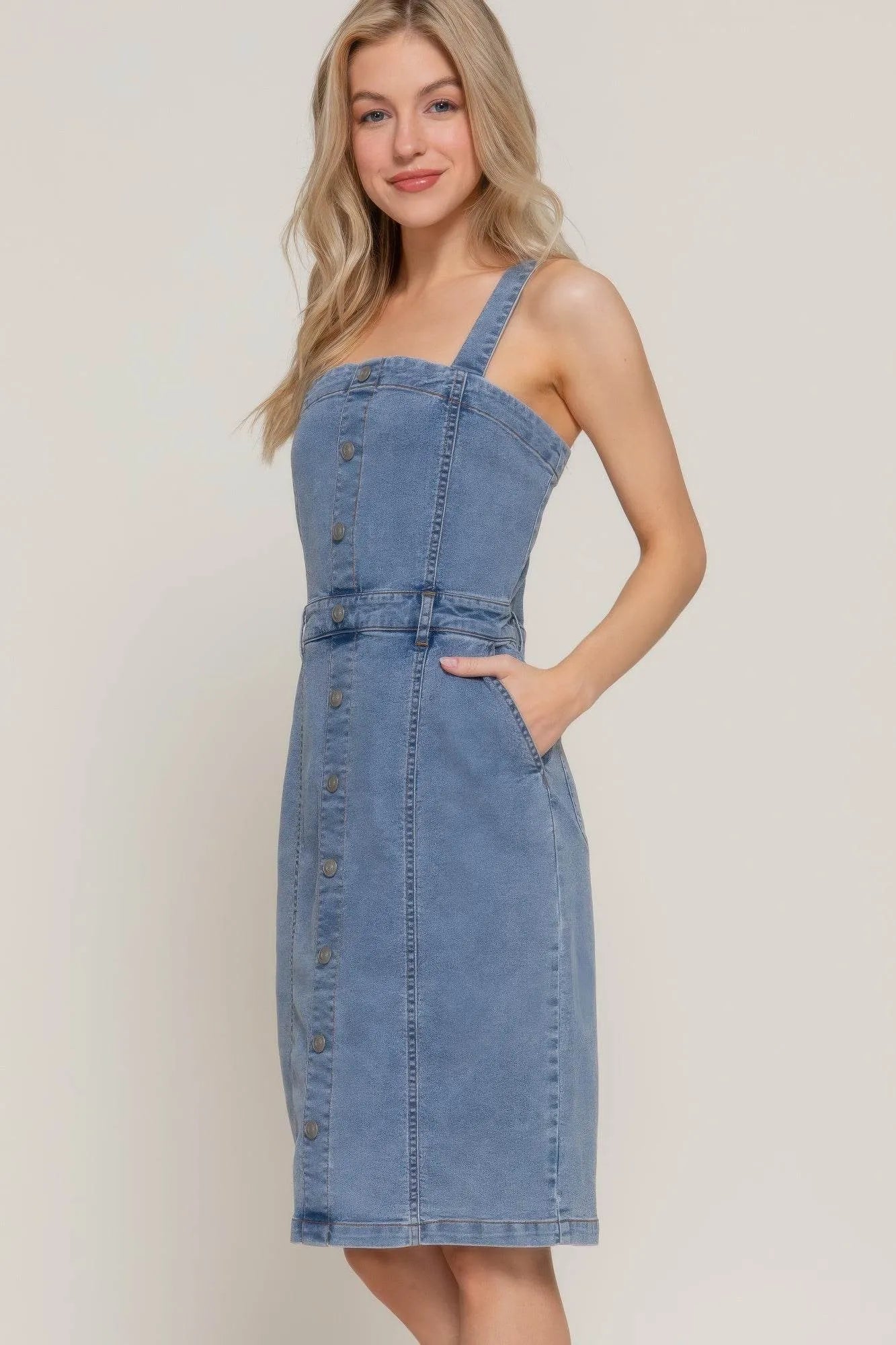 Button Down Placket Stretch Denim Dress - Bona Fide Fashion
