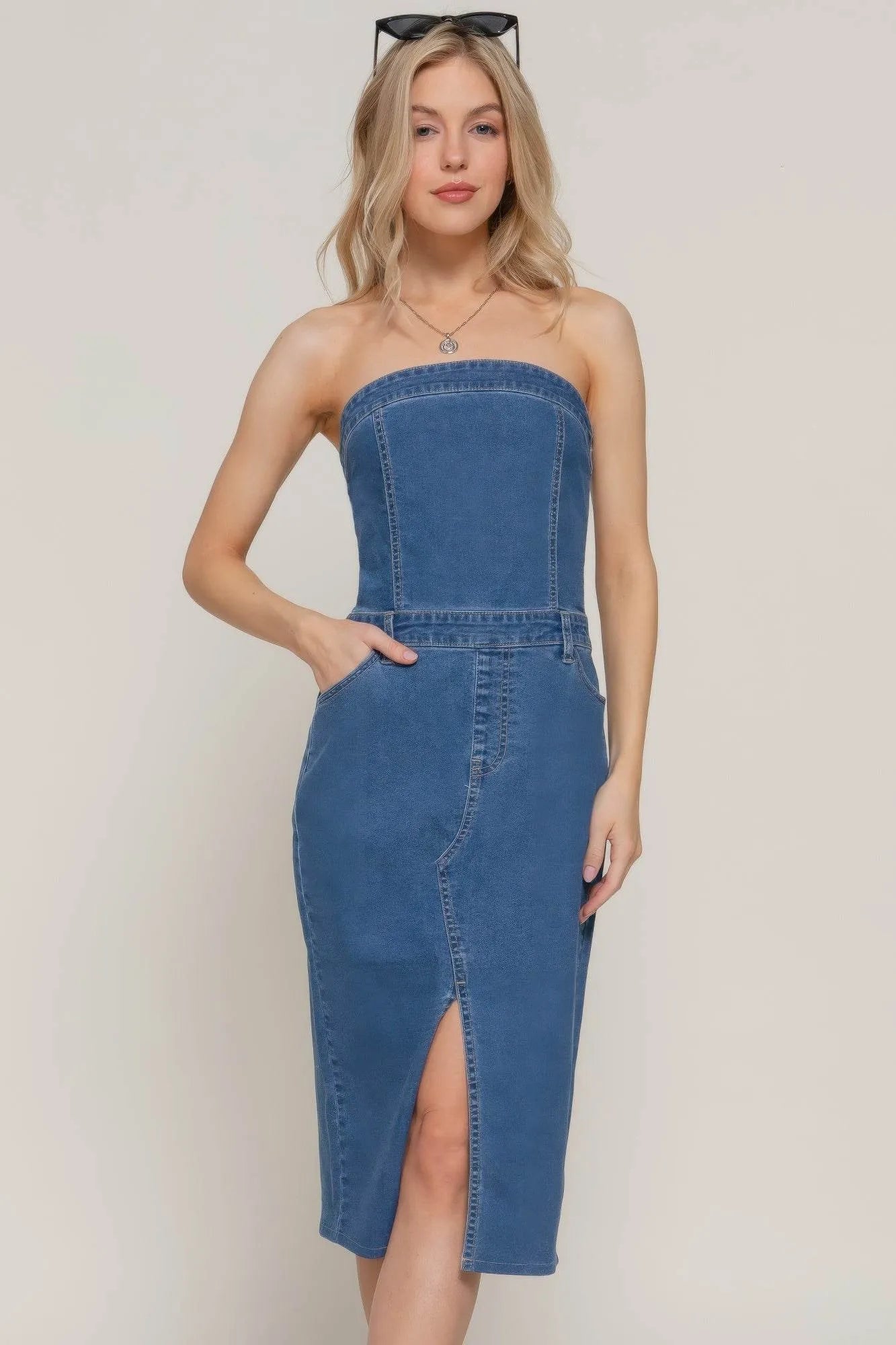 Stretch Denim Slit Tube Dress - Bona Fide Fashion