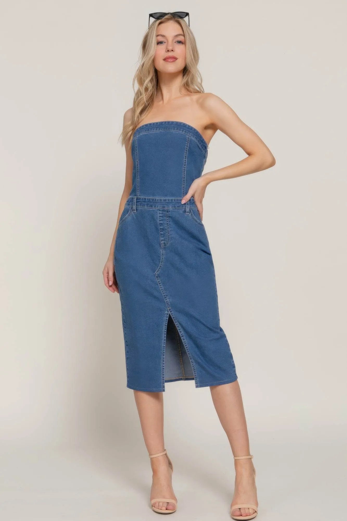 Stretch Denim Slit Tube Dress - Bona Fide Fashion