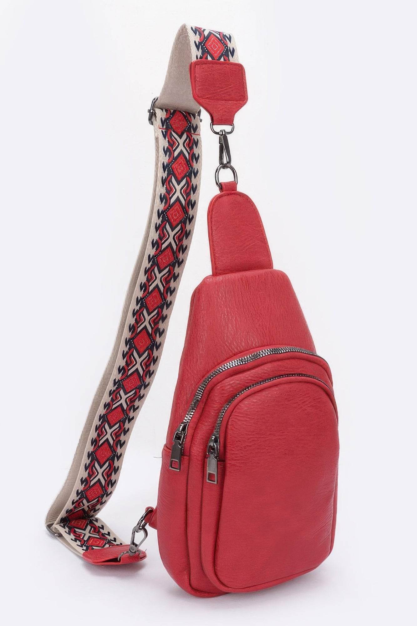 Faux Leather Sling Bag W/multi Color Strap - Bona Fide Fashion