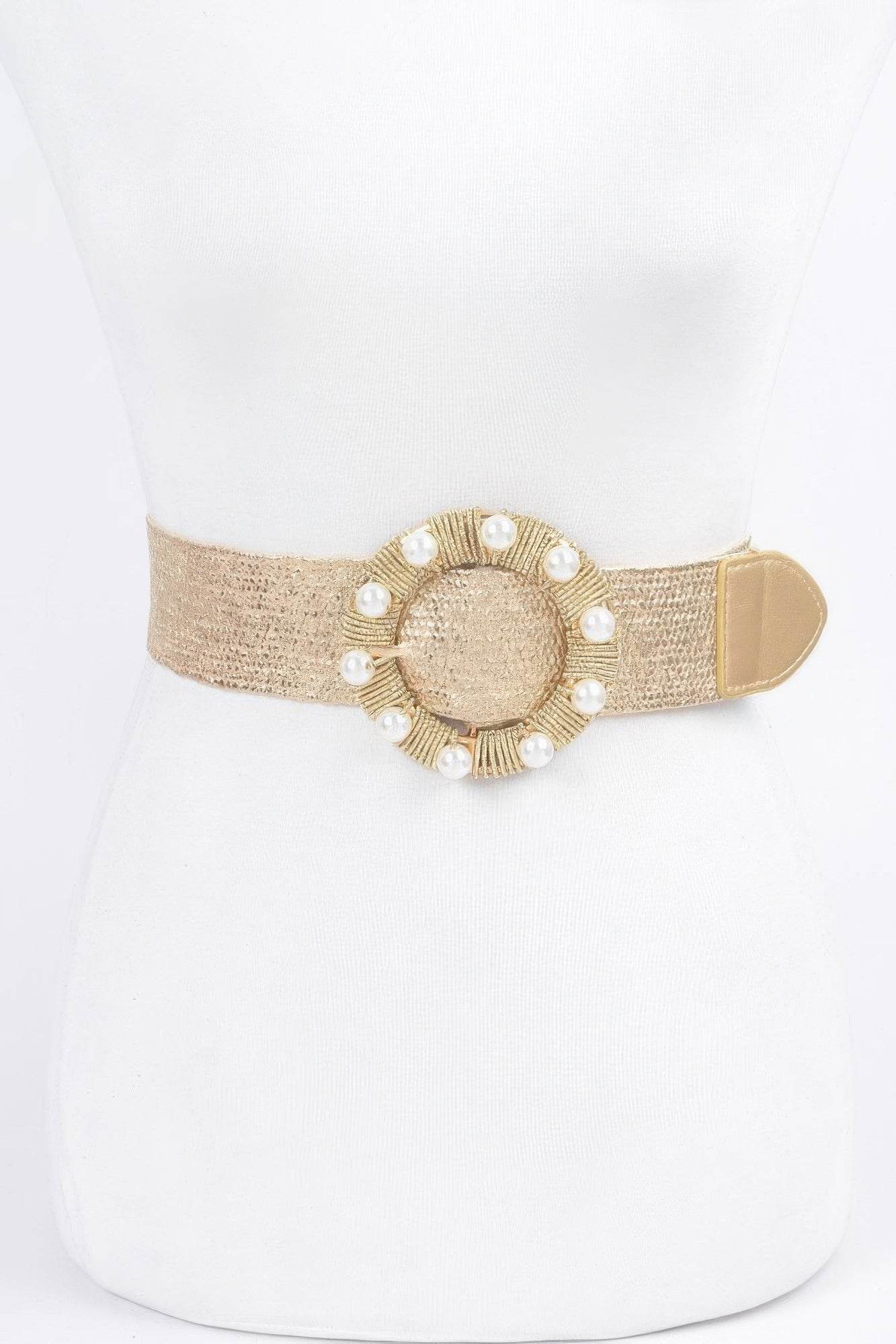Metallic Stretch Belt W/pearl Metal Bucklt - Bona Fide Fashion